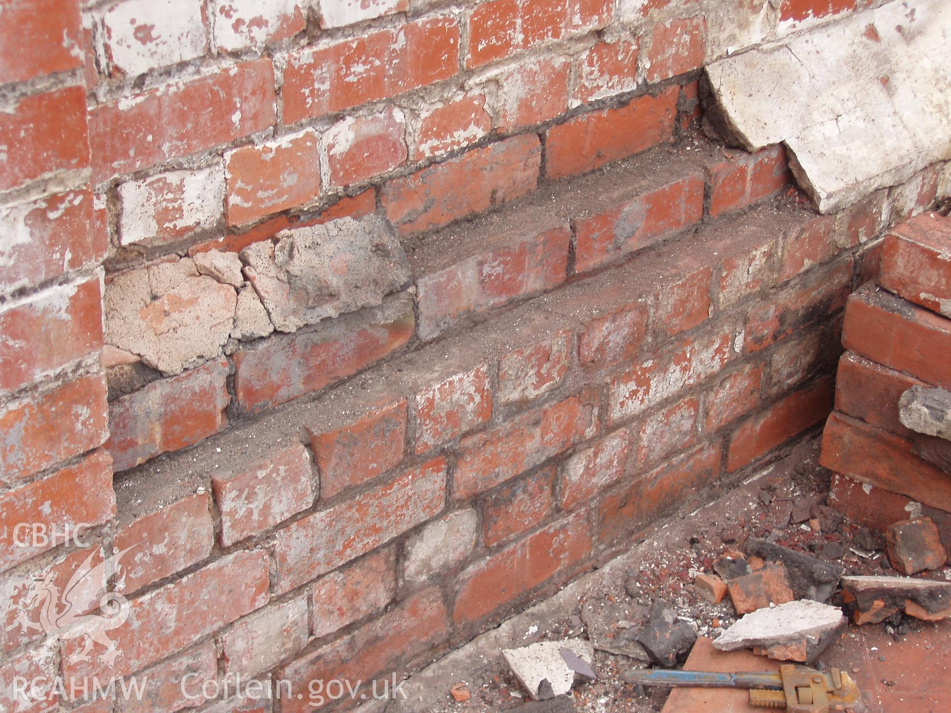 Colour digital photograph detailing brickwork at the Malt House, East Dock Road, Newport.  The photograph was taken after the Malt House was severely damaged by fire.