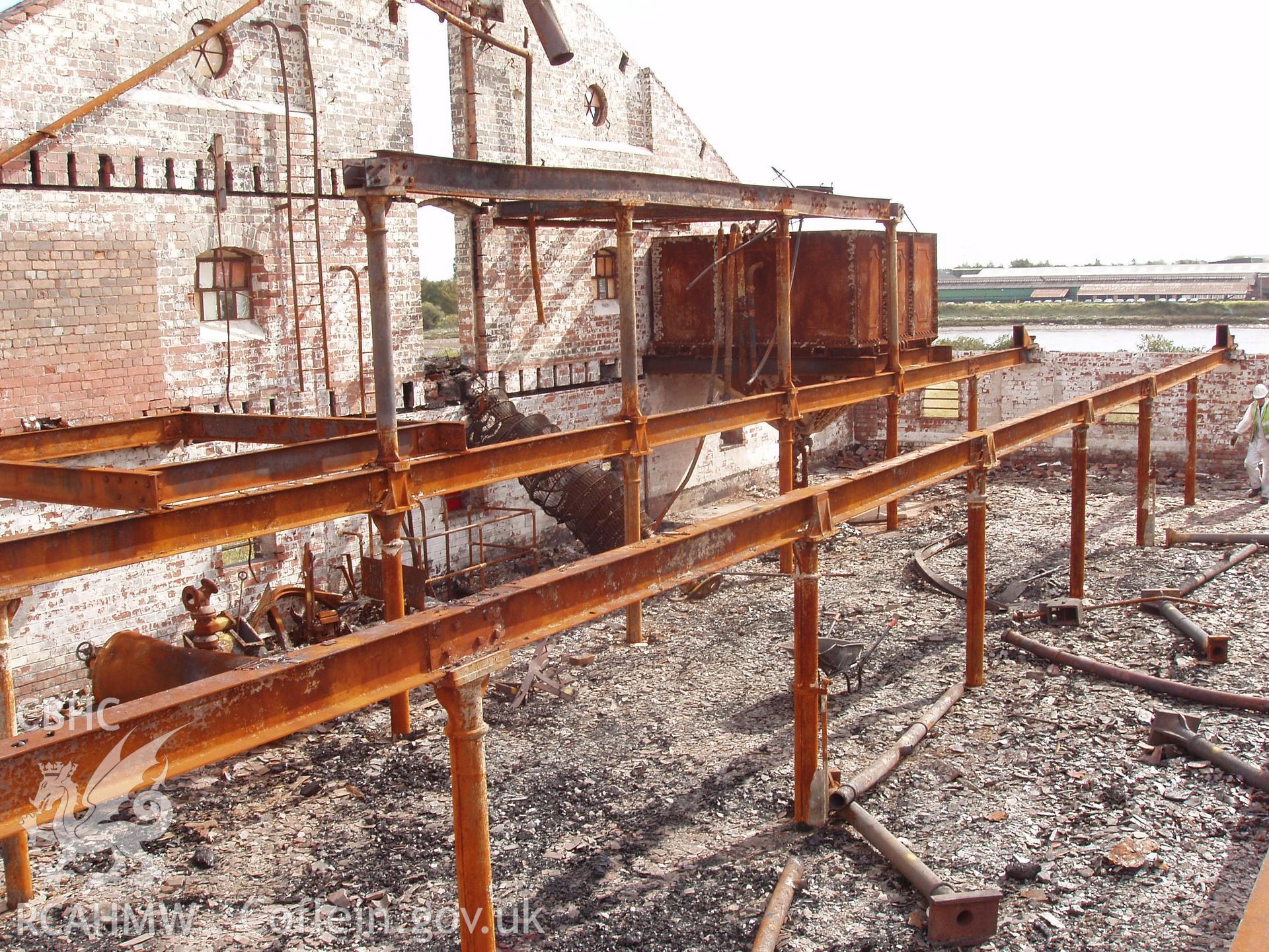 Colour digital photograph showing the remains of the roof at the Malt House, East Dock Road, Newport. The photograph was taken after the building was severely damaged by fire.