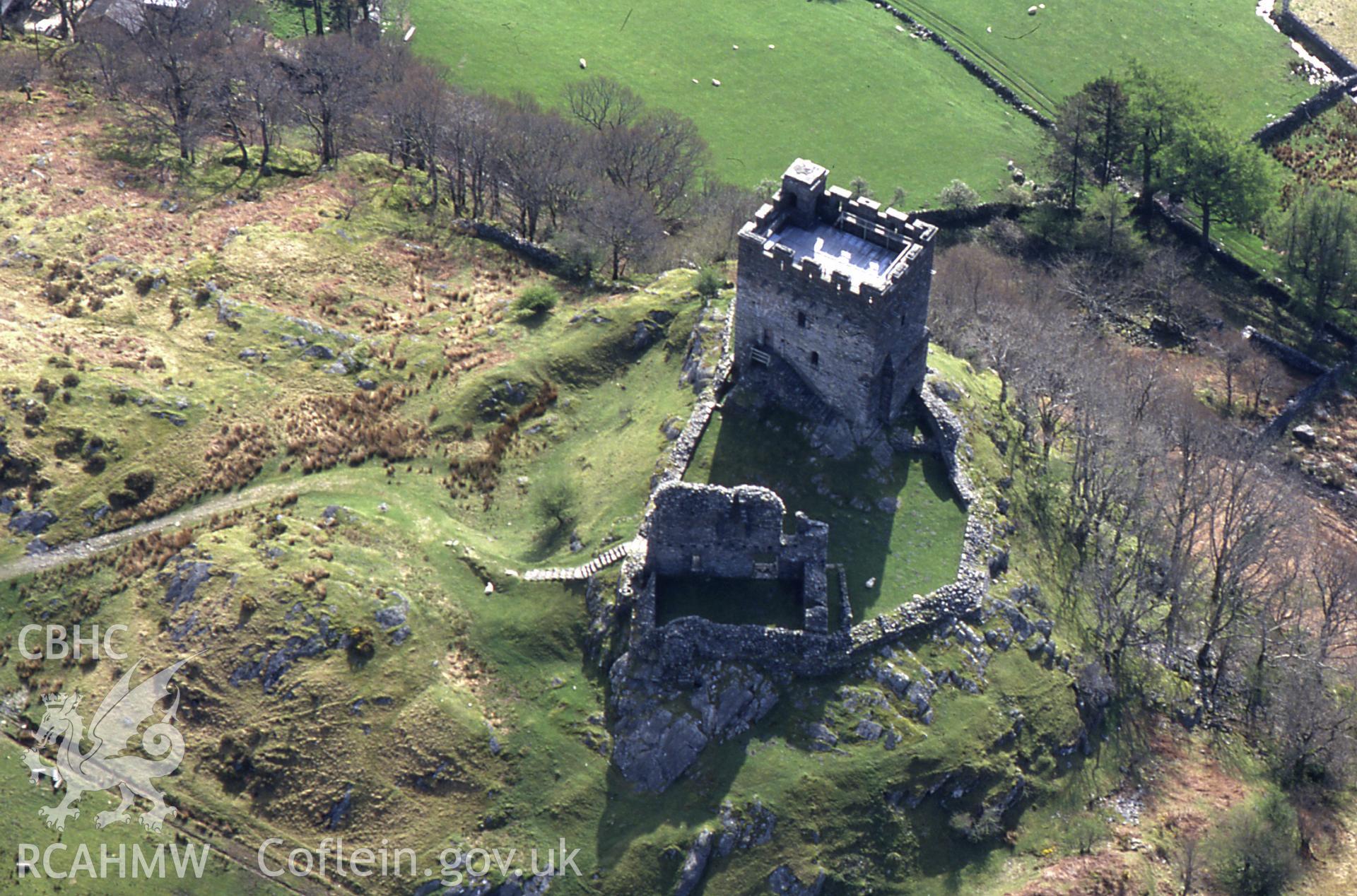 Aerial view of Dolwyddelan Castle.