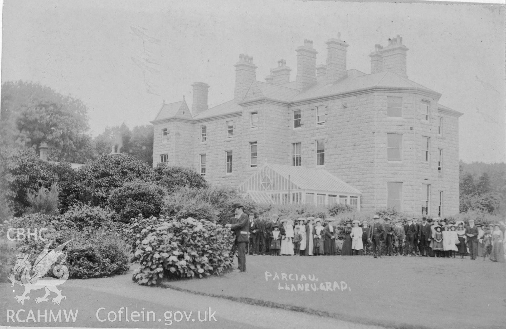 Black and white print of Parciau, Llaneugrad, copied from an original postcard in the possession of Thomas Lloyd.