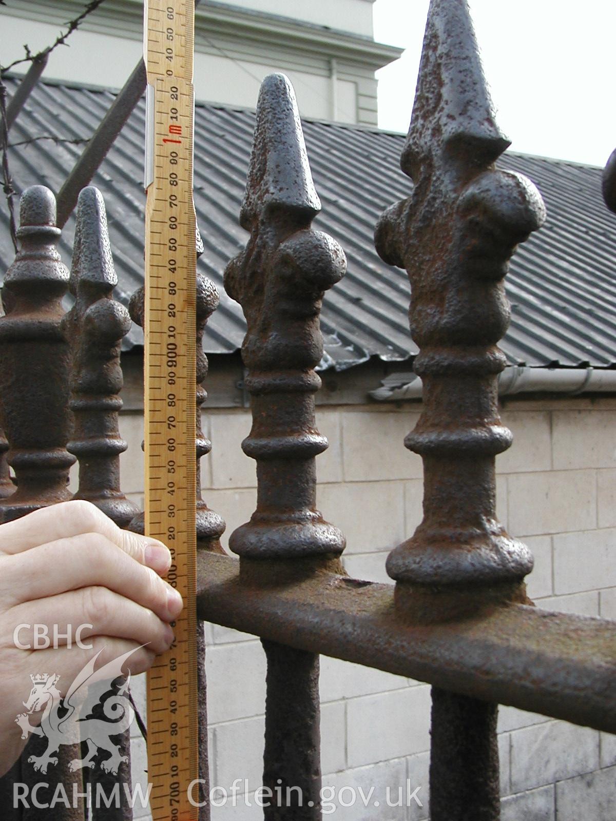 Digital colour photograph showing the detail of railings at the North side of Newport Cattle Market.