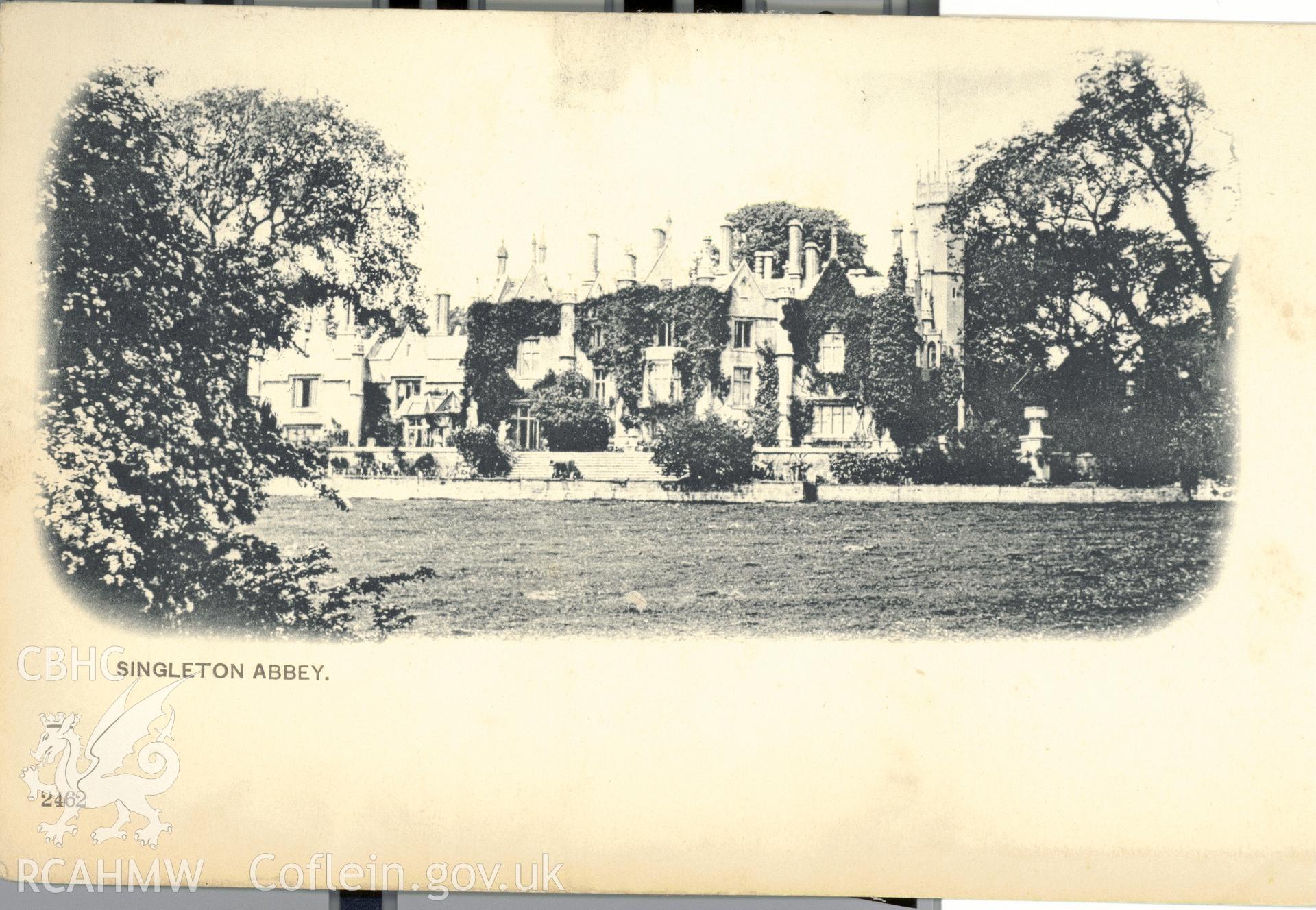 Digitised postcard image of Singleton Abbey, Swansea. Produced by Parks and Gardens Data Services, from an original item in the Peter Davis Collection at Parks and Gardens UK. We hold only web-resolution images of this collection, suitable for viewing on screen and for research purposes only. We do not hold the original images, or publication quality scans.