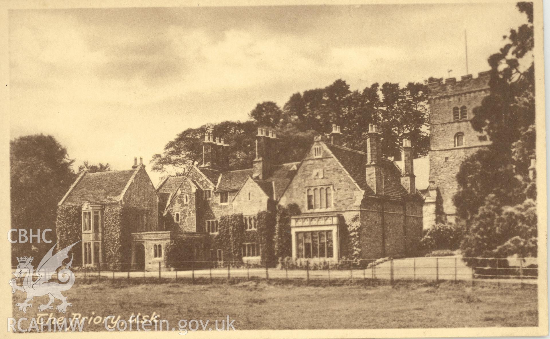 Digitised postcard image of the Priory, Usk, F. Frith & Co., Ltd. Produced by Parks and Gardens Data Services, from an original item in the Peter Davis Collection at Parks and Gardens UK. We hold only web-resolution images of this collection, suitable for viewing on screen and for research purposes only. We do not hold the original images, or publication quality scans.