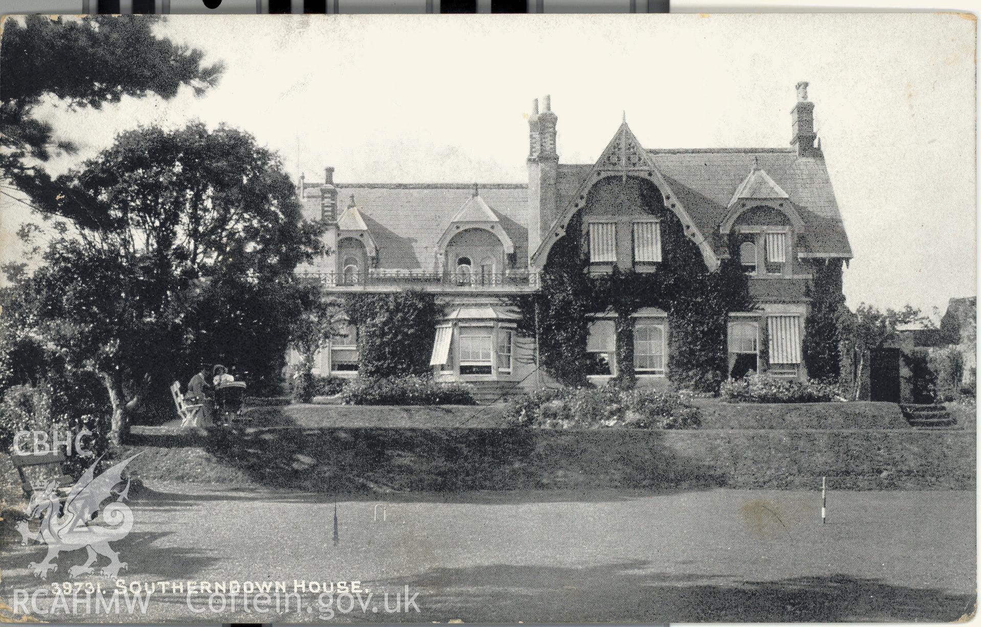 Digitised postcard image of Southern-down House, Southerndown, Photochrom Co, Ltd. Produced by Parks and Gardens Data Services, from an original item in the Peter Davis Collection at Parks and Gardens UK. We hold only web-resolution images of this collection, suitable for viewing on screen and for research purposes only. We do not hold the original images, or publication quality scans.