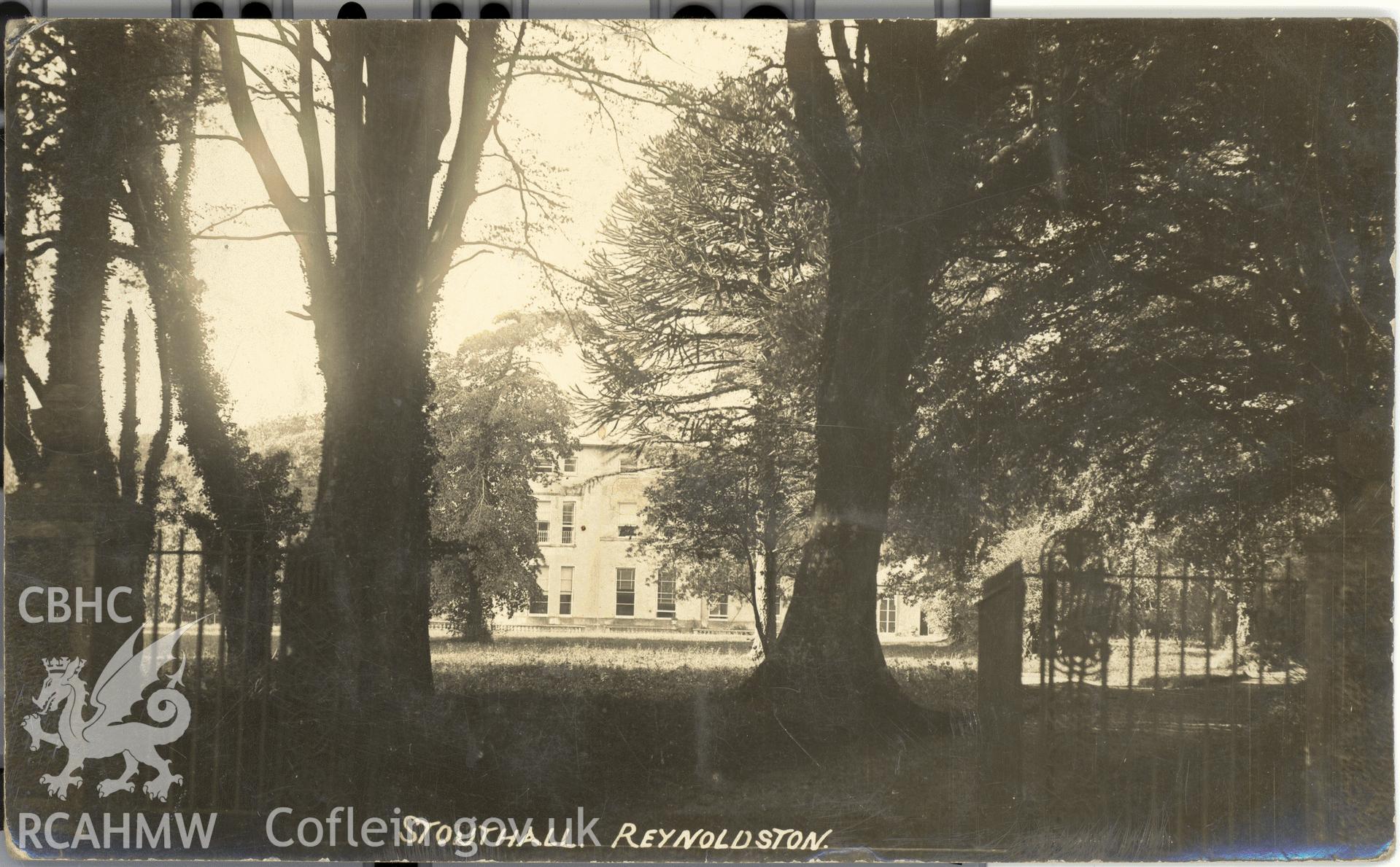 Digitised postcard image of Stouthall, Reynoldston, W.H. Hoare, 13 Heathfield Street, Swansea. Produced by Parks and Gardens Data Services, from an original item in the Peter Davis Collection at Parks and Gardens UK. We hold only web-resolution images of this collection, suitable for viewing on screen and for research purposes only. We do not hold the original images, or publication quality scans.