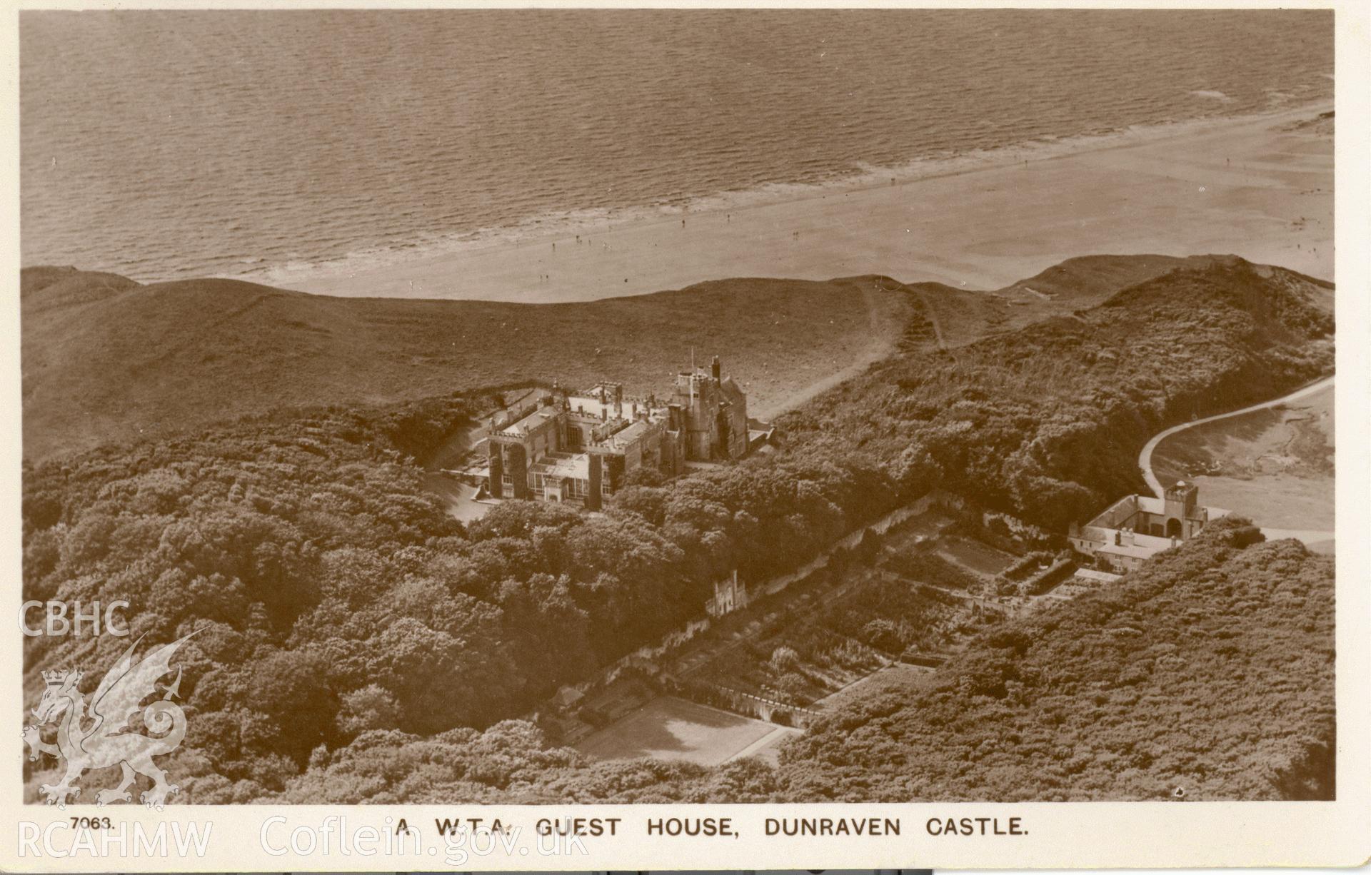 Digitised postcard image of aerial view of Dunraven Castle, Aero Pictorial Ltd. Produced by Parks and Gardens Data Services, from an original item in the Peter Davis Collection at Parks and Gardens UK. We hold only web-resolution images of this collection, suitable for viewing on screen and for research purposes only. We do not hold the original images, or publication quality scans.