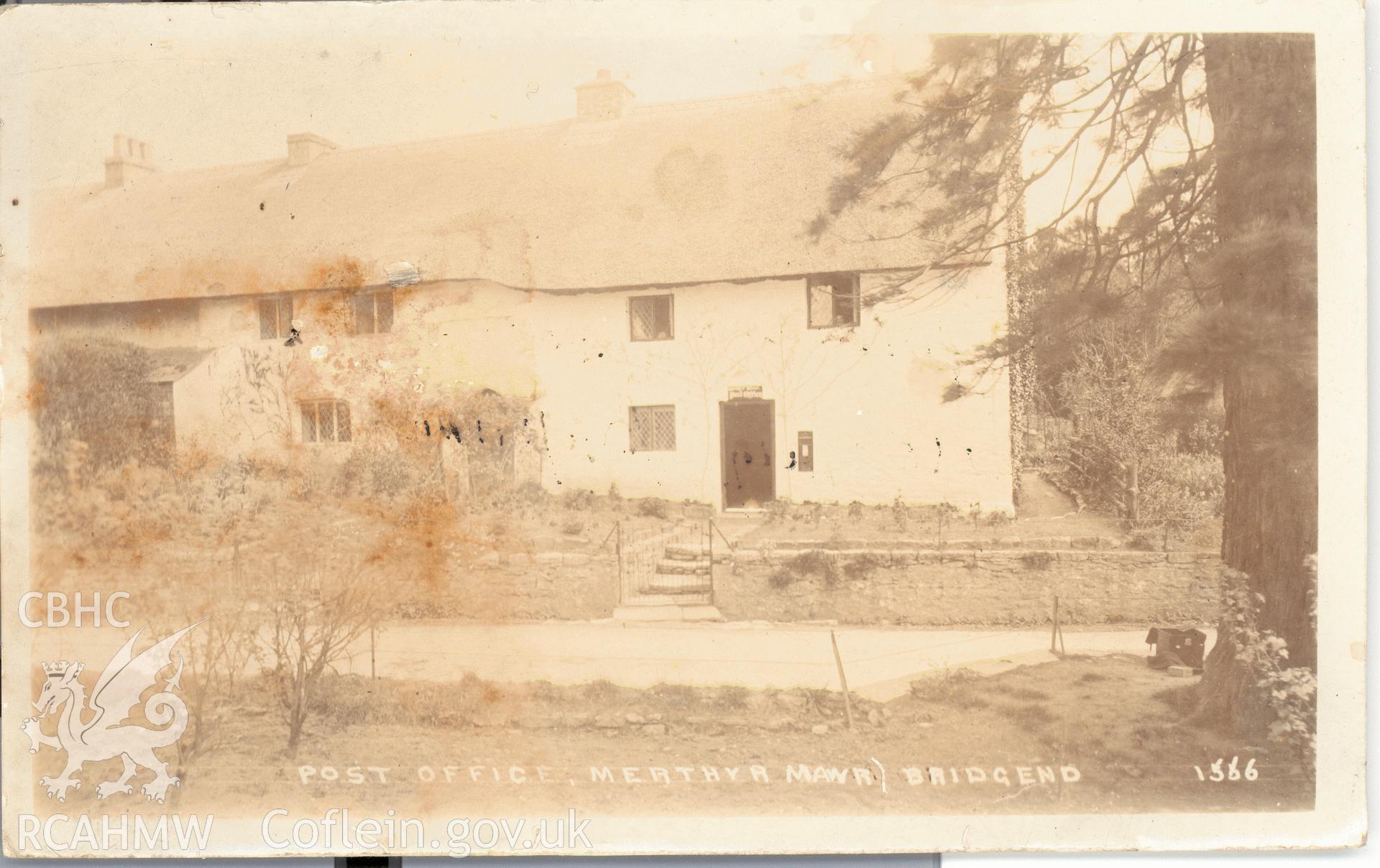 Digitised postcard image of Oak Cottage and Post Office, Merthyr Mawr, the Miles Series, Ewenny Road Studio, Bridgend. Produced by Parks and Gardens Data Services, from an original item in the Peter Davis Collection at Parks and Gardens UK. We hold only web-resolution images of this collection, suitable for viewing on screen and for research purposes only. We do not hold the original images, or publication quality scans.