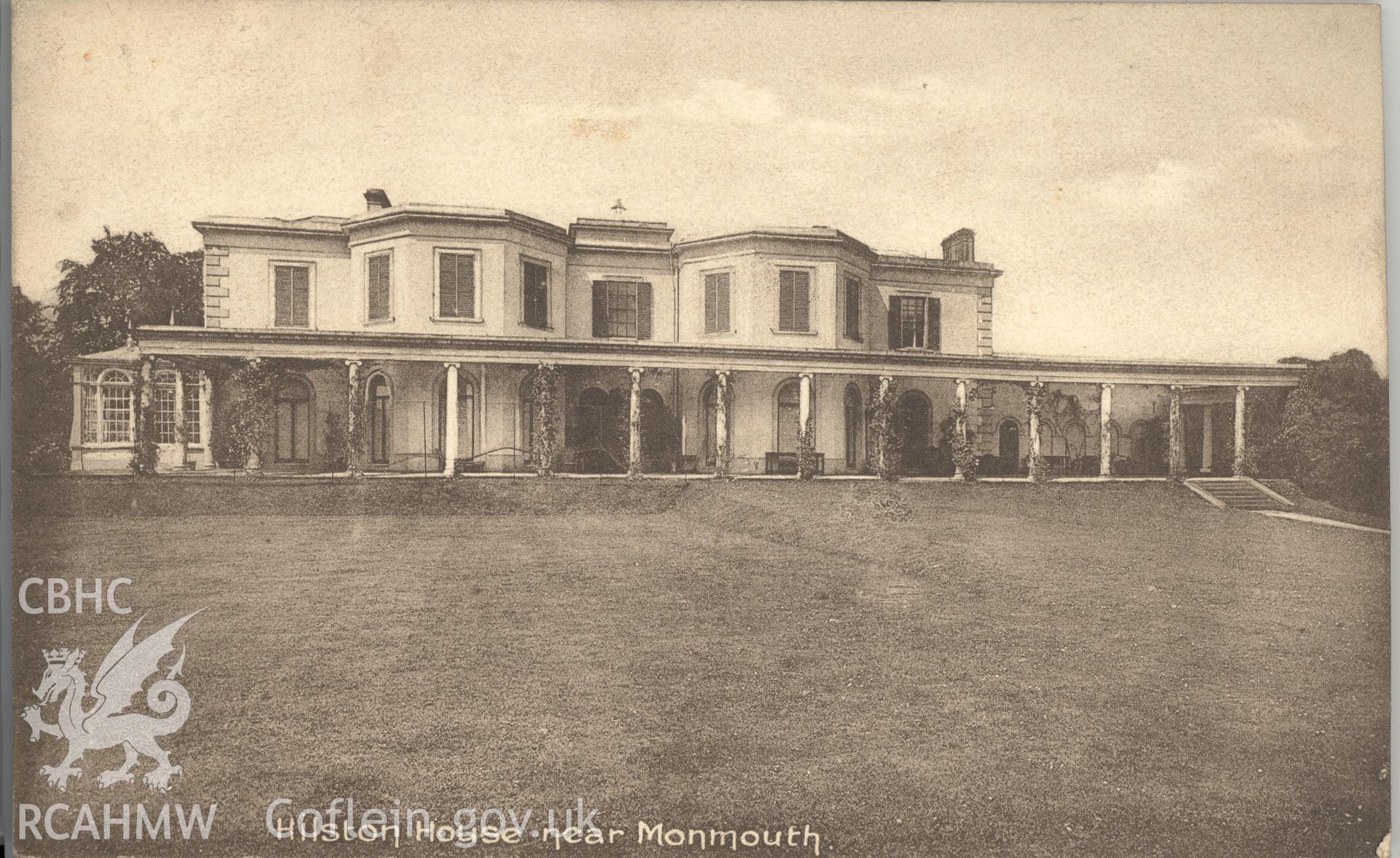 Digitised postcard image of Hilston House, Llangattock-vibon-avel, H Clayton, Monmouth. Produced by Parks and Gardens Data Services, from an original item in the Peter Davis Collection at Parks and Gardens UK. We hold only web-resolution images of this collection, suitable for viewing on screen and for research purposes only. We do not hold the original images, or publication quality scans.