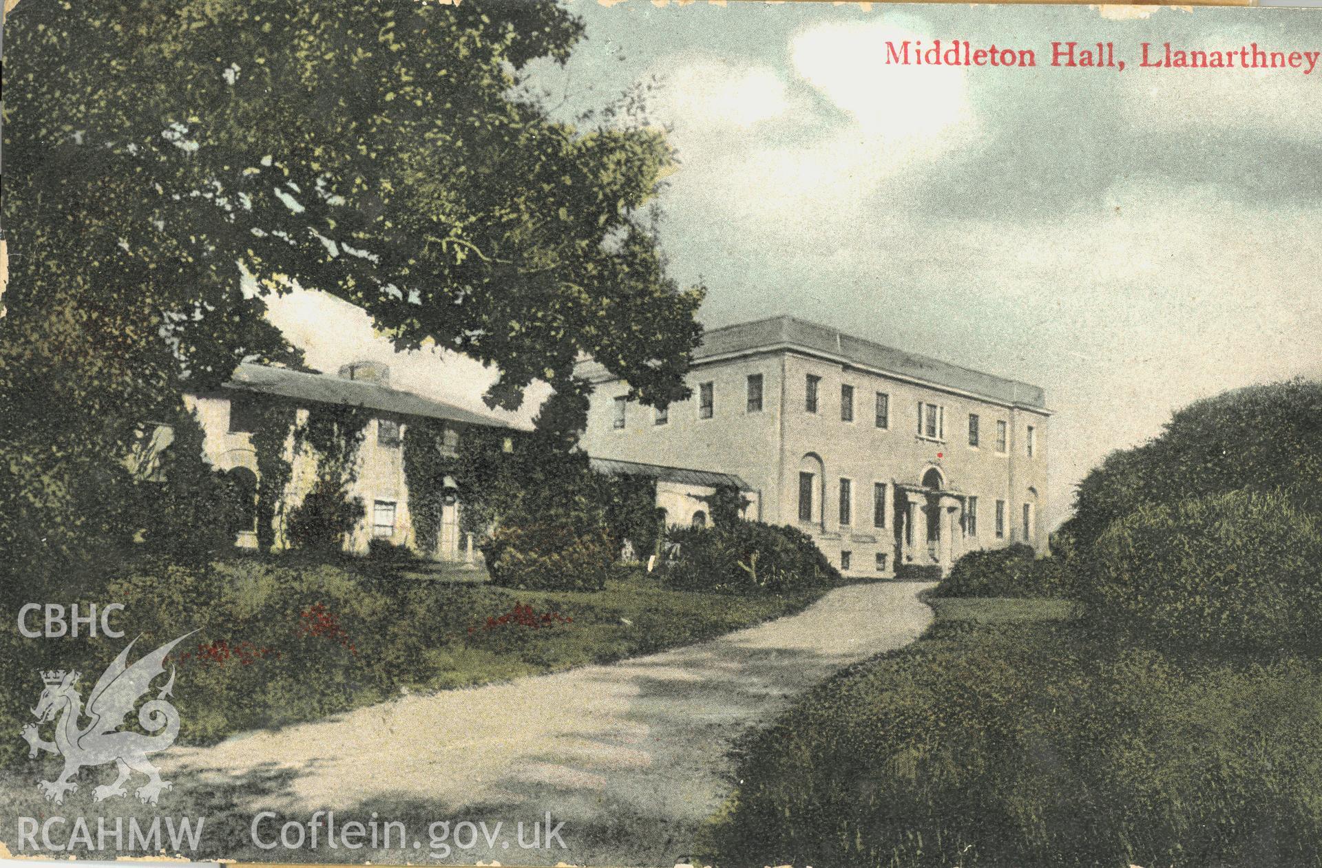 Digitised postcard image of Middleton Hall, Llanarthne, Williams Llandeilo. Produced by Parks and Gardens Data Services, from an original item in the Peter Davis Collection at Parks and Gardens UK. We hold only web-resolution images of this collection, suitable for viewing on screen and for research purposes only. We do not hold the original images, or publication quality scans.