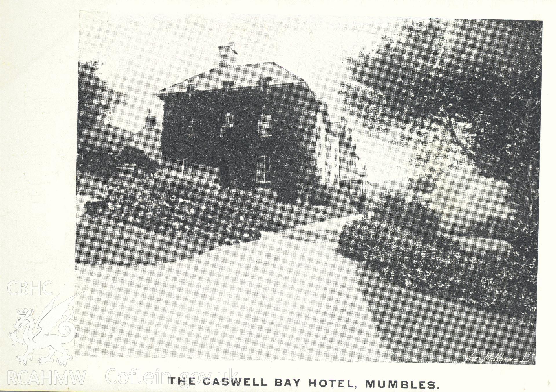 Digitised postcard image of the Caswell Bay Hotel, Mumbles, Alex. Matthews & Co.Ltd. Produced by Parks and Gardens Data Services, from an original item in the Peter Davis Collection at Parks and Gardens UK. We hold only web-resolution images of this collection, suitable for viewing on screen and for research purposes only. We do not hold the original images, or publication quality scans.