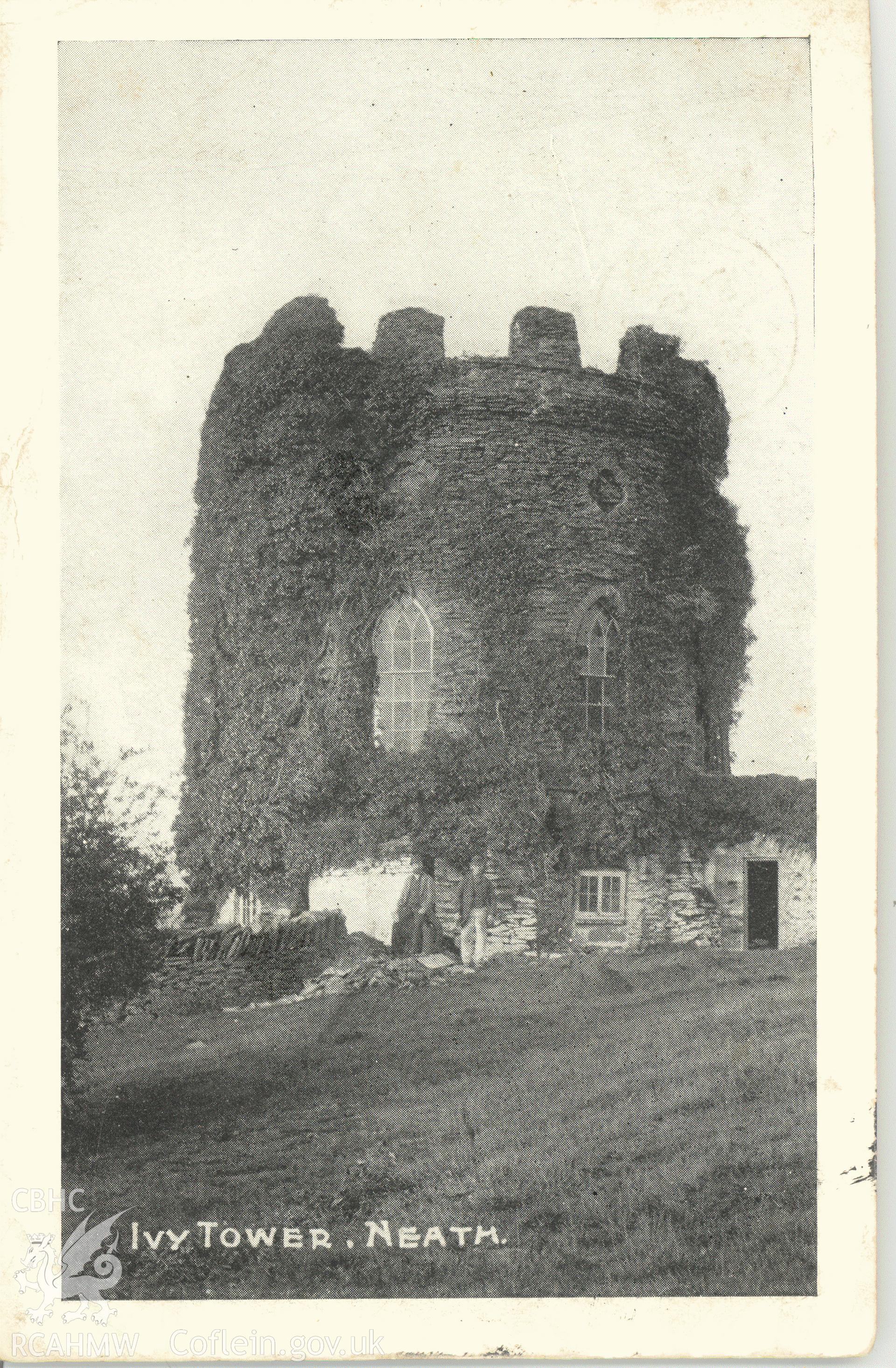 Digitised postcard image of Ivy Tower, Tonna with figures. Produced by Parks and Gardens Data Services, from an original item in the Peter Davis Collection at Parks and Gardens UK. We hold only web-resolution images of this collection, suitable for viewing on screen and for research purposes only. We do not hold the original images, or publication quality scans.