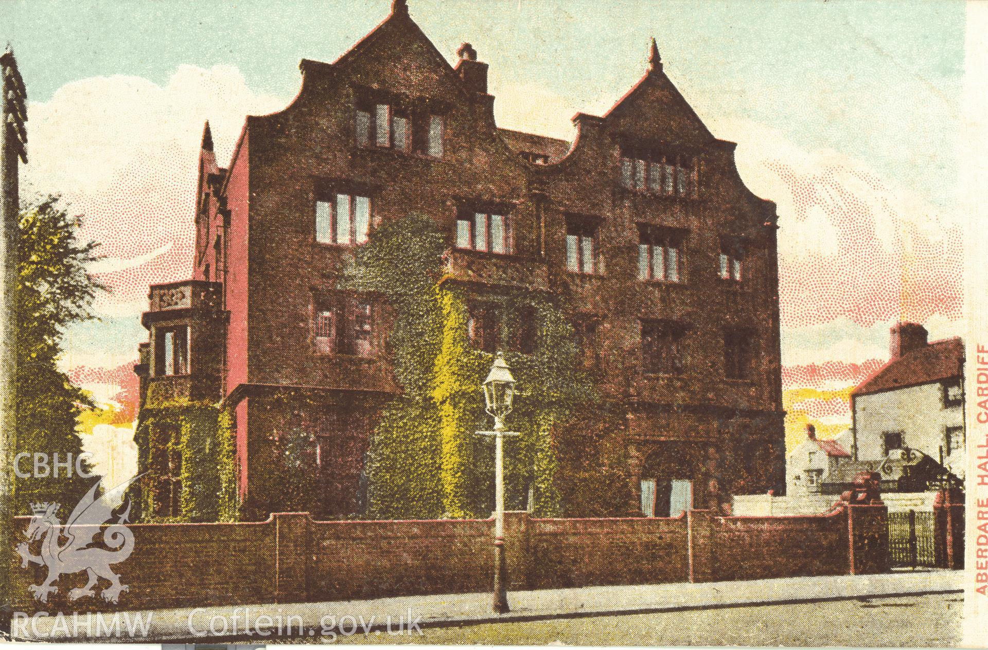 Digitised postcard image of Aberdare hall, Cathays Park, Cardiff, The Photochrome series, Western Mail Ltd. Produced by Parks and Gardens Data Services, from an original item in the Peter Davis Collection at Parks and Gardens UK. We hold only web-resolution images of this collection, suitable for viewing on screen and for research purposes only. We do not hold the original images, or publication quality scans.