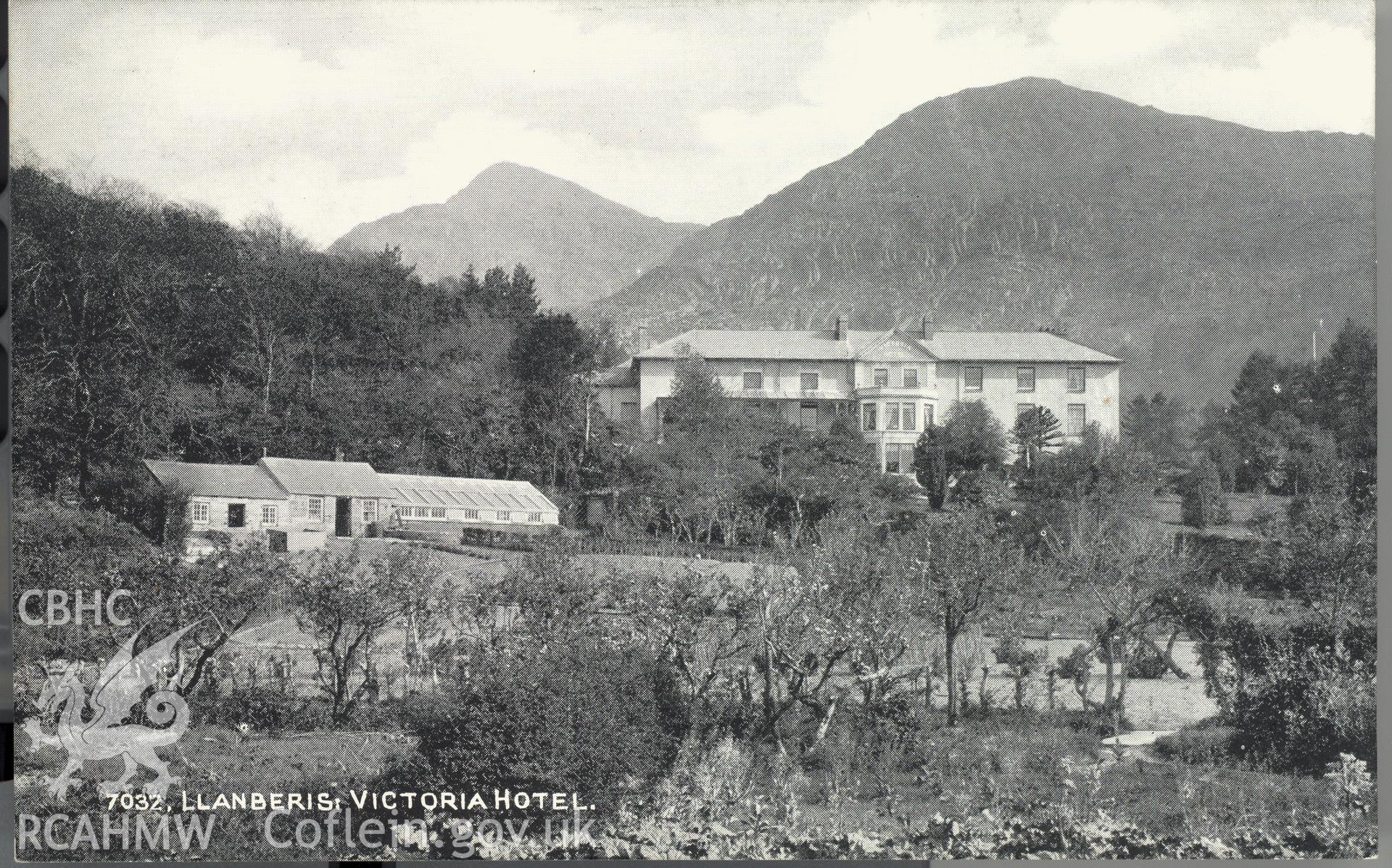 Digitised postcard image of Royal Victoria Hotel, Llanberis, Photochrom Co. Ltd. Produced by Parks and Gardens Data Services, from an original item in the Peter Davis Collection at Parks and Gardens UK. We hold only web-resolution images of this collection, suitable for viewing on screen and for research purposes only. We do not hold the original images, or publication quality scans.