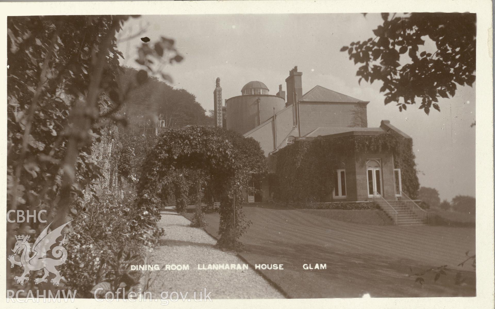 Digitised postcard image of Llanharan House, Pontyclun. Produced by Parks and Gardens Data Services, from an original item in the Peter Davis Collection at Parks and Gardens UK. We hold only web-resolution images of this collection, suitable for viewing on screen and for research purposes only. We do not hold the original images, or publication quality scans.