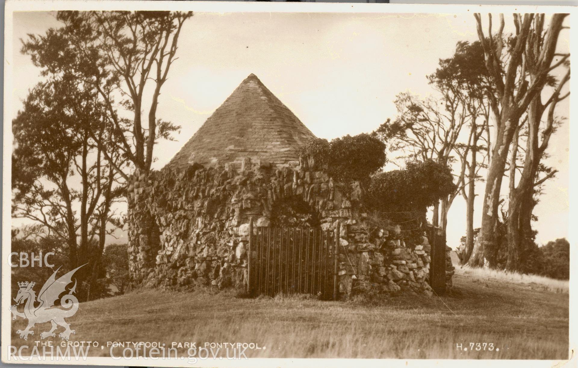 Digitised postcard image of the Shell Grotto, Pontypool Park, Valentine's Series,. Produced by Parks and Gardens Data Services, from an original item in the Peter Davis Collection at Parks and Gardens UK. We hold only web-resolution images of this collection, suitable for viewing on screen and for research purposes only. We do not hold the original images, or publication quality scans.