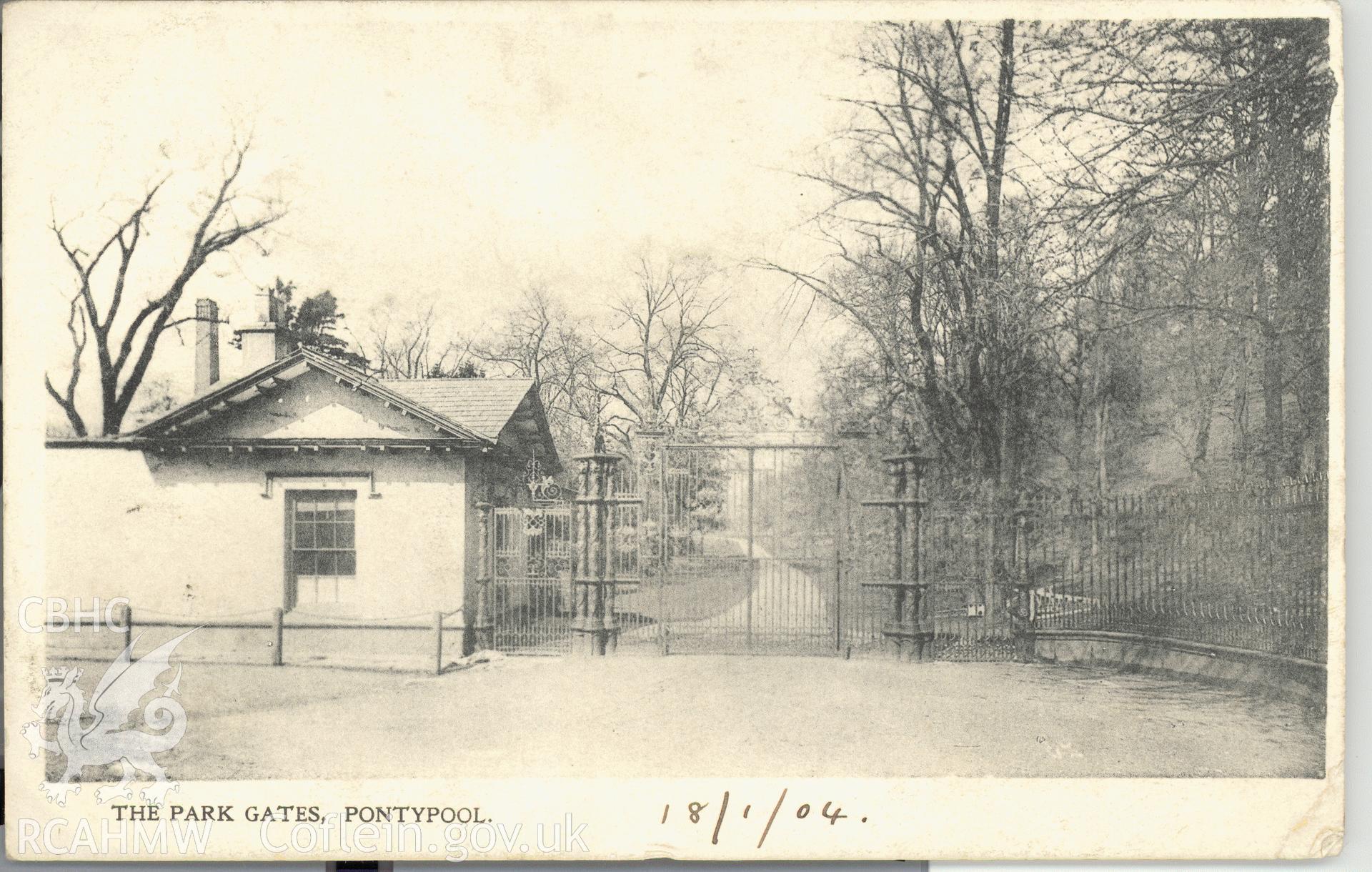 Digitised postcard image of Pontypool Park Gates. Produced by Parks and Gardens Data Services, from an original item in the Peter Davis Collection at Parks and Gardens UK. We hold only web-resolution images of this collection, suitable for viewing on screen and for research purposes only. We do not hold the original images, or publication quality scans.