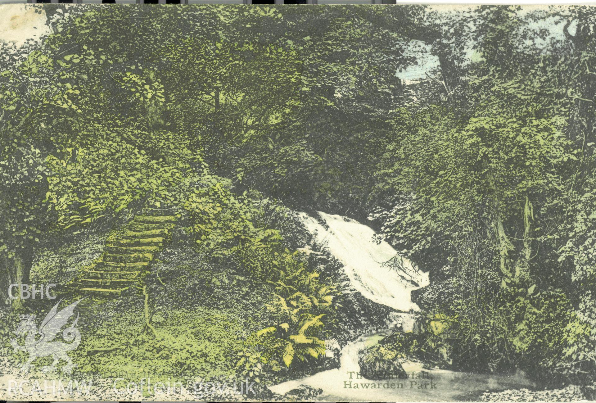 Digitised postcard image of Hawarden Castle grounds, including waterfall. Produced by Parks and Gardens Data Services, from an original item in the Peter Davis Collection at Parks and Gardens UK. We hold only web-resolution images of this collection, suitable for viewing on screen and for research purposes only. We do not hold the original images, or publication quality scans.