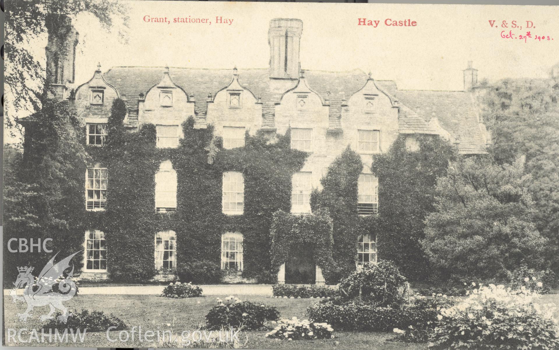 Digitised postcard image of Castle House, Hay, H.R. Grant, Stationer, Hay. Produced by Parks and Gardens Data Services, from an original item in the Peter Davis Collection at Parks and Gardens UK. We hold only web-resolution images of this collection, suitable for viewing on screen and for research purposes only. We do not hold the original images, or publication quality scans.