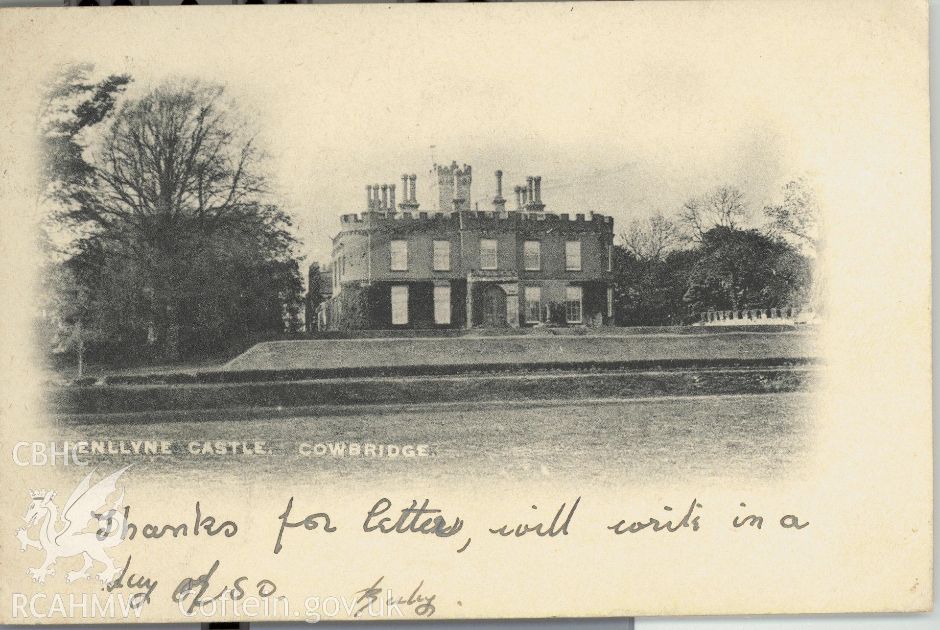 Digitised postcard image of Penllyn Castle, Penllyn. Produced by Parks and Gardens Data Services, from an original item in the Peter Davis Collection at Parks and Gardens UK. We hold only web-resolution images of this collection, suitable for viewing on screen and for research purposes only. We do not hold the original images, or publication quality scans.