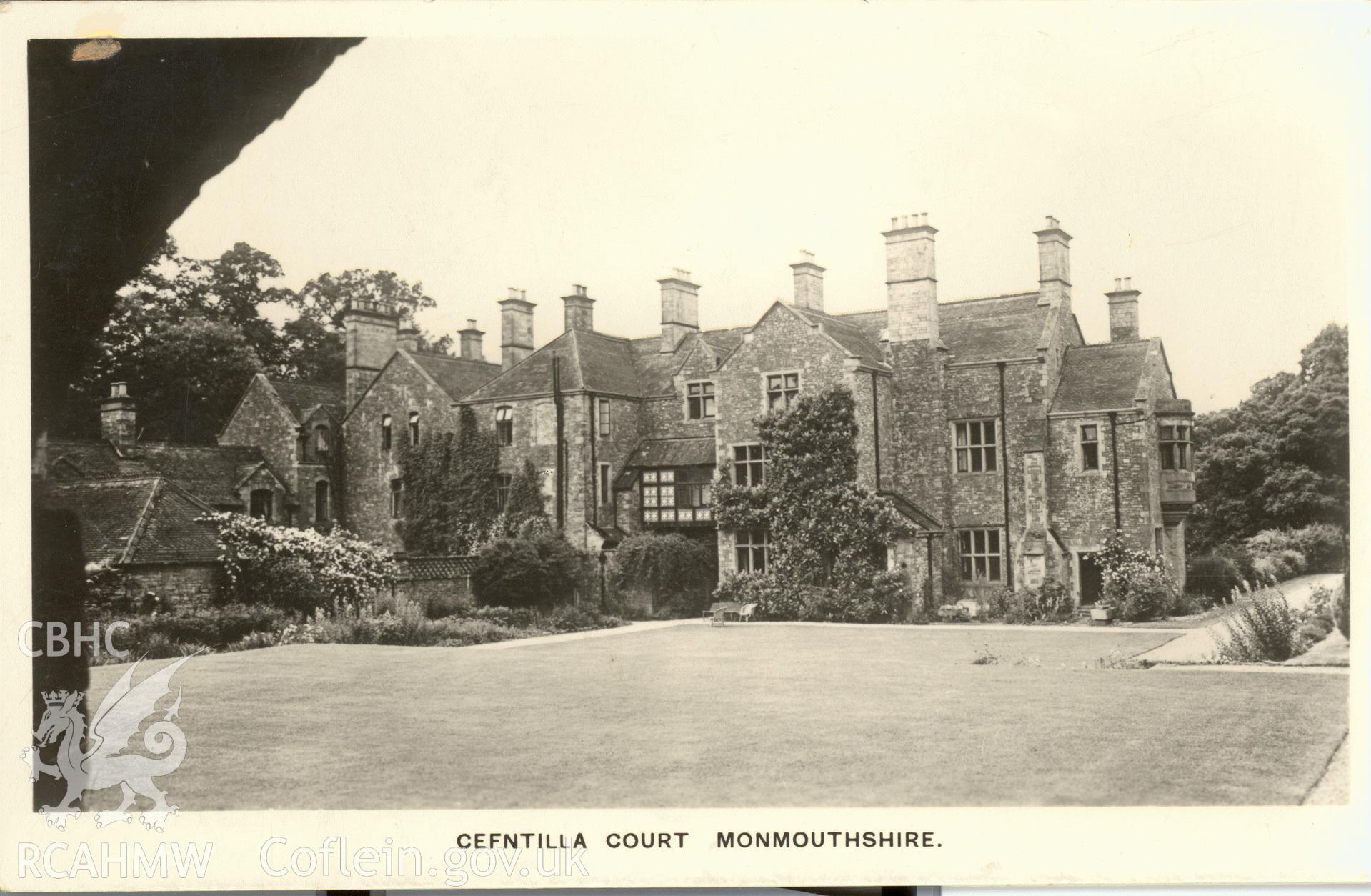 Digitised postcard image of Cefn Tilla Court, Llandenny, Photo Courtesy of S. Wales Argus. Produced by Parks and Gardens Data Services, from an original item in the Peter Davis Collection at Parks and Gardens UK. We hold only web-resolution images of this collection, suitable for viewing on screen and for research purposes only. We do not hold the original images, or publication quality scans.