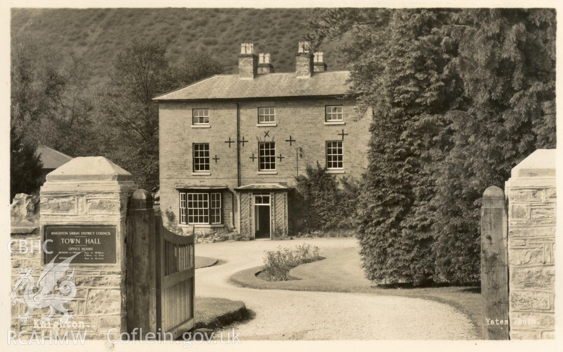 Digitised postcard image of Town hall, Knighton, W.J. Yates and Sons, Kington. Produced by Parks and Gardens Data Services, from an original item in the Peter Davis Collection at Parks and Gardens UK. We hold only web-resolution images of this collection, suitable for viewing on screen and for research purposes only. We do not hold the original images, or publication quality scans.