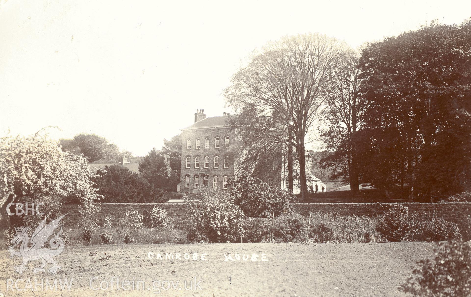 Digitised postcard image of Camrose House, Camrose, S.G. Griffiths, Photographers, Haverfordwest and Milford Haven. Produced by Parks and Gardens Data Services, from an original item in the Peter Davis Collection at Parks and Gardens UK. We hold only web-resolution images of this collection, suitable for viewing on screen and for research purposes only. We do not hold the original images, or publication quality scans.