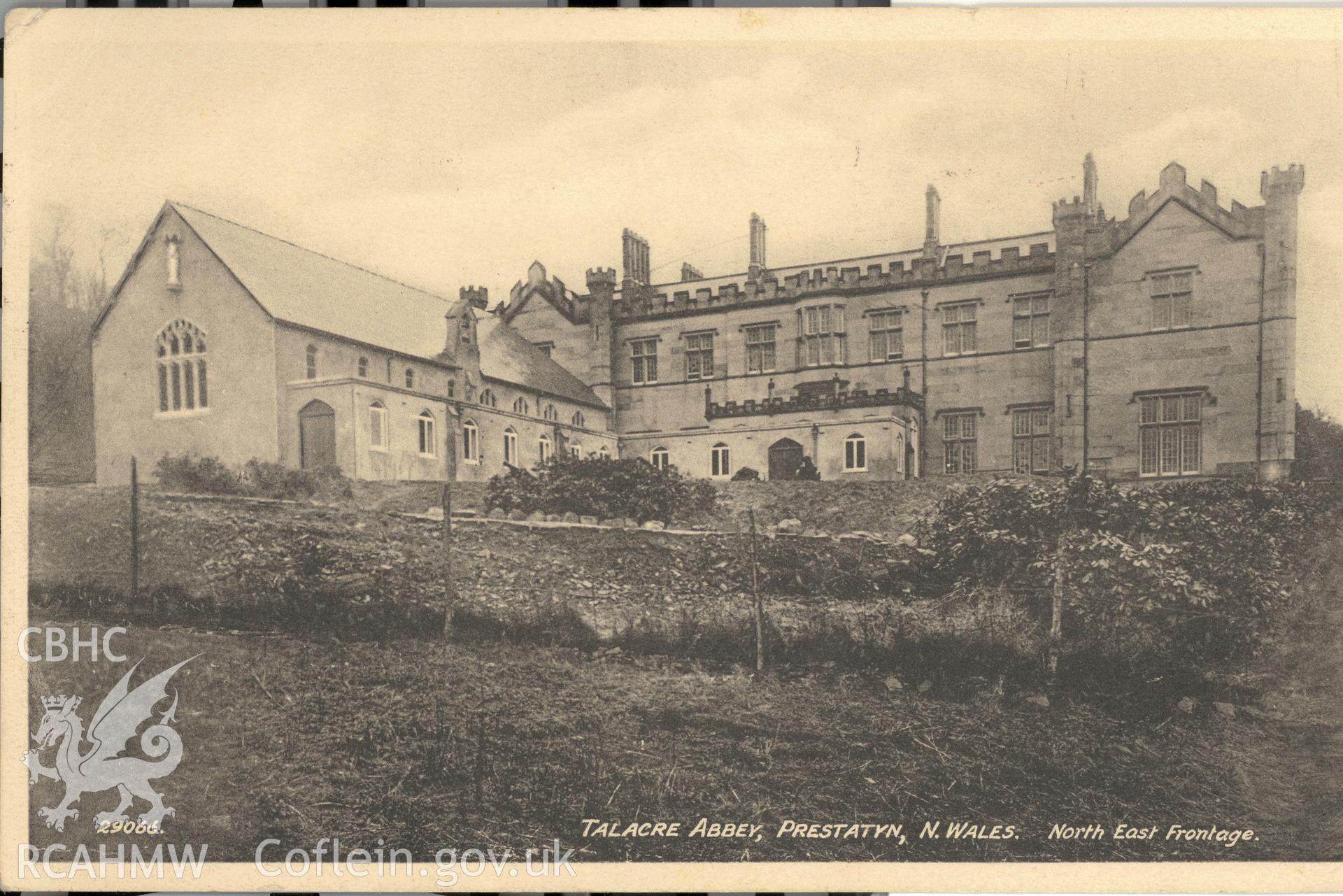 Digitised postcard image of Talacre Abbey, Marshall, Keene & Co., Works, Hove. Produced by Parks and Gardens Data Services, from an original item in the Peter Davis Collection at Parks and Gardens UK. We hold only web-resolution images of this collection, suitable for viewing on screen and for research purposes only. We do not hold the original images, or publication quality scans.