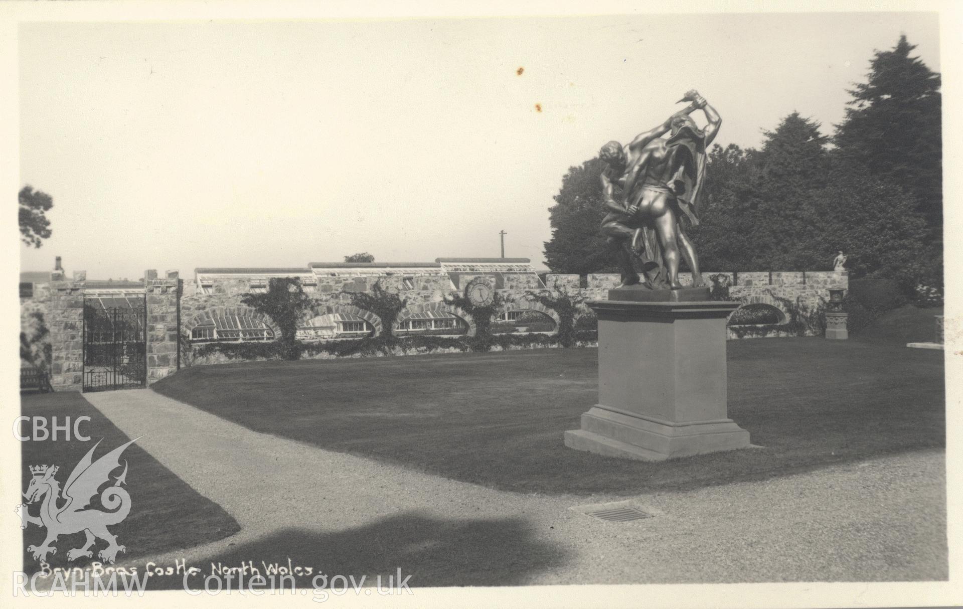 Digitised postcard image of Bryn Bras Castle, Llanrug garden, showing kitchen garden and statuary. Produced by Parks and Gardens Data Services, from an original item in the Peter Davis Collection at Parks and Gardens UK. We hold only web-resolution images of this collection, suitable for viewing on screen and for research purposes only. We do not hold the original images, or publication quality scans.