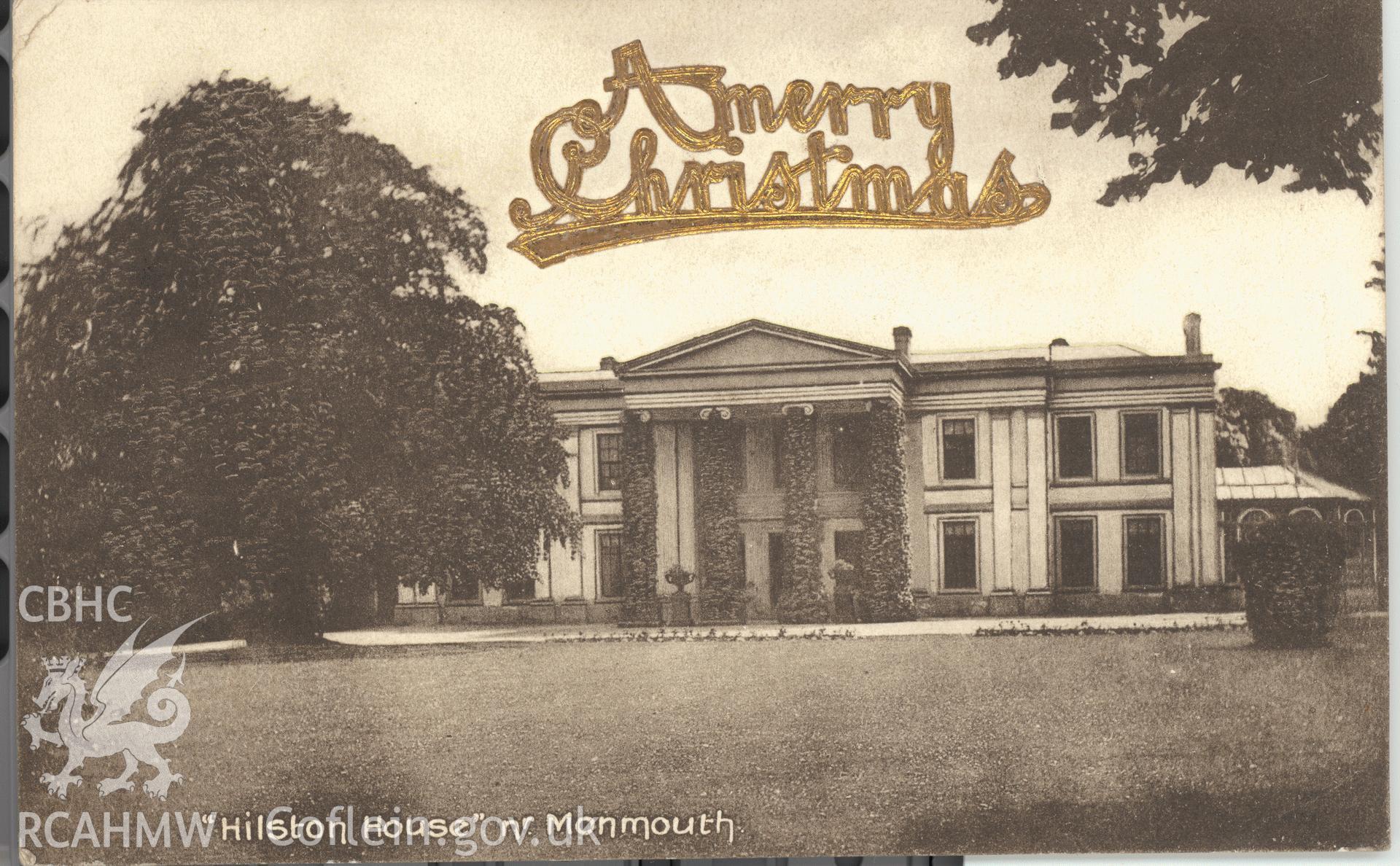 Digitised postcard image of Hilston House, Llangattock-vibon-avel, H Clayton, Monmouth. Produced by Parks and Gardens Data Services, from an original item in the Peter Davis Collection at Parks and Gardens UK. We hold only web-resolution images of this collection, suitable for viewing on screen and for research purposes only. We do not hold the original images, or publication quality scans.