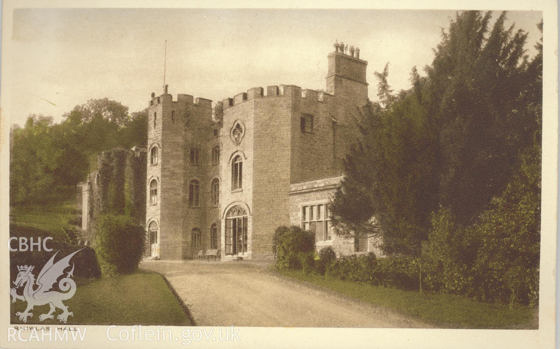 Digitised postcard image of Rhiwlas Hall, Bala, The R.A.P. Co. Ltd. Produced by Parks and Gardens Data Services, from an original item in the Peter Davis Collection at Parks and Gardens UK. We hold only web-resolution images of this collection, suitable for viewing on screen and for research purposes only. We do not hold the original images, or publication quality scans.