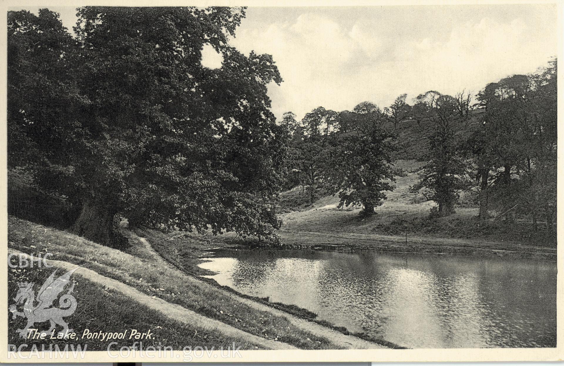 Digitised postcard image of the Lake, Pontypool Park. Produced by Parks and Gardens Data Services, from an original item in the Peter Davis Collection at Parks and Gardens UK. We hold only web-resolution images of this collection, suitable for viewing on screen and for research purposes only. We do not hold the original images, or publication quality scans.