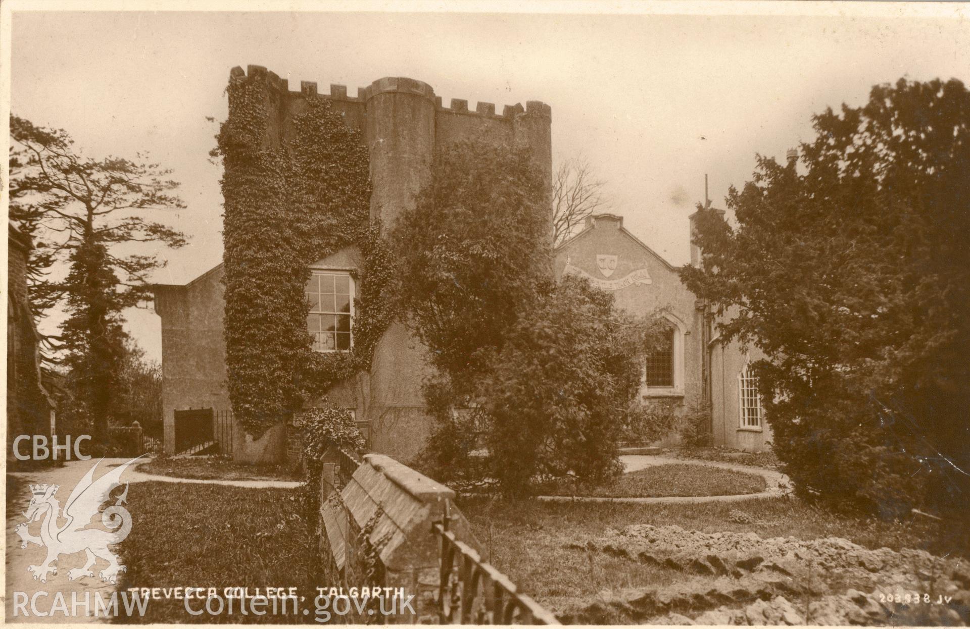 Digitised postcard image of Trefecca College, Talgarth. Produced by Parks and Gardens Data Services, from an original item in the Peter Davis Collection at Parks and Gardens UK. We hold only web-resolution images of this collection, suitable for viewing on screen and for research purposes only. We do not hold the original images, or publication quality scans.