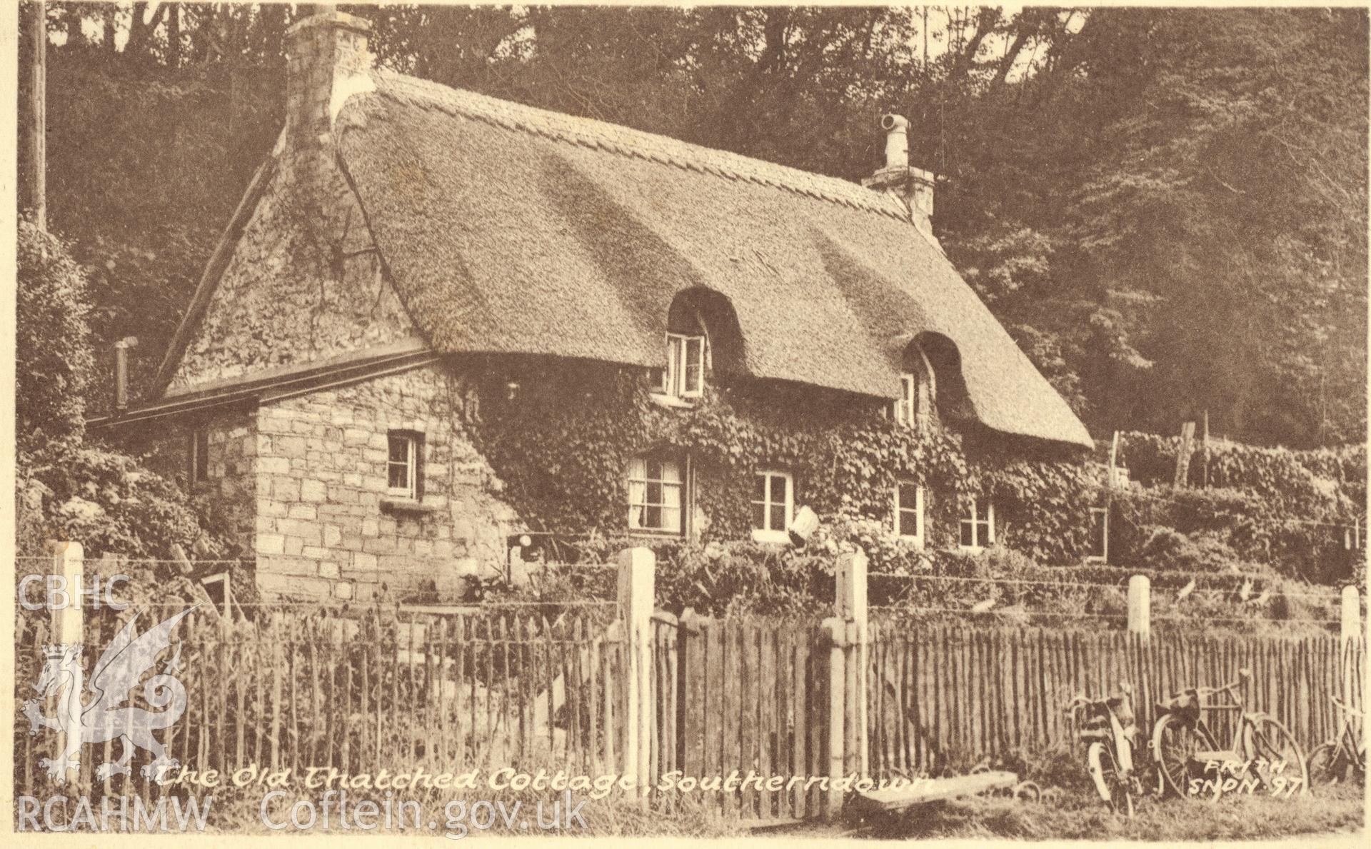 Digitised postcard image of Seamouth Cottage, Southerndown, F Frith and Co., Ltd. Produced by Parks and Gardens Data Services, from an original item in the Peter Davis Collection at Parks and Gardens UK. We hold only web-resolution images of this collection, suitable for viewing on screen and for research purposes only. We do not hold the original images, or publication quality scans.