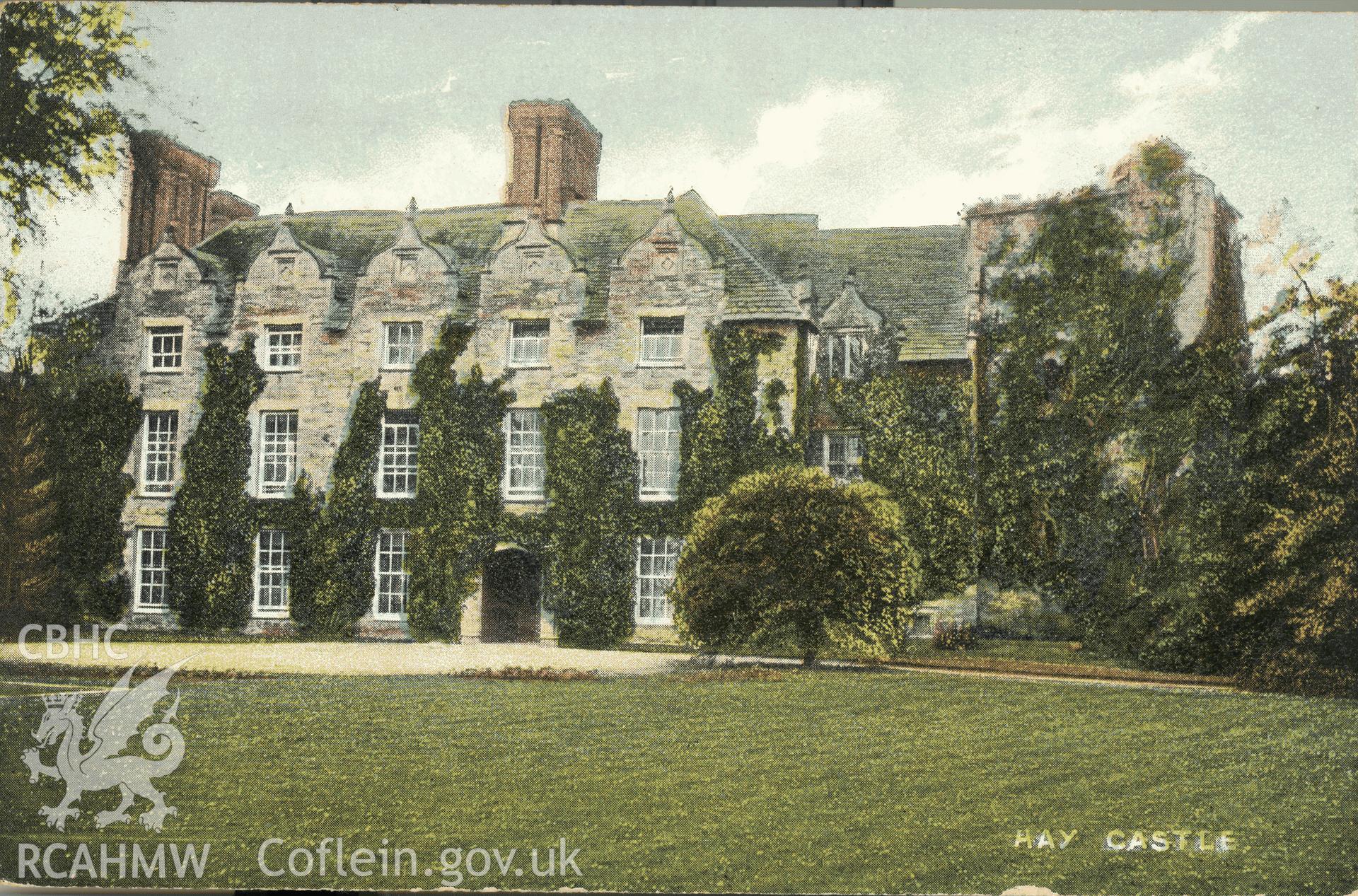 Digitised postcard image of Castle House, Hay, Thomas Moxon, Stationer and Photographer, 8&9 castle Street Hay. Produced by Parks and Gardens Data Services, from an original item in the Peter Davis Collection at Parks and Gardens UK. We hold only web-resolution images of this collection, suitable for viewing on screen and for research purposes only. We do not hold the original images, or publication quality scans.