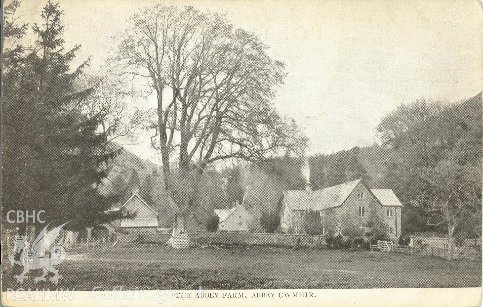 Digitised postcard image of the Abbey Farm, Abbey Cwmhir. Produced by Parks and Gardens Data Services, from an original item in the Peter Davis Collection at Parks and Gardens UK. We hold only web-resolution images of this collection, suitable for viewing on screen and for research purposes only. We do not hold the original images, or publication quality scans.