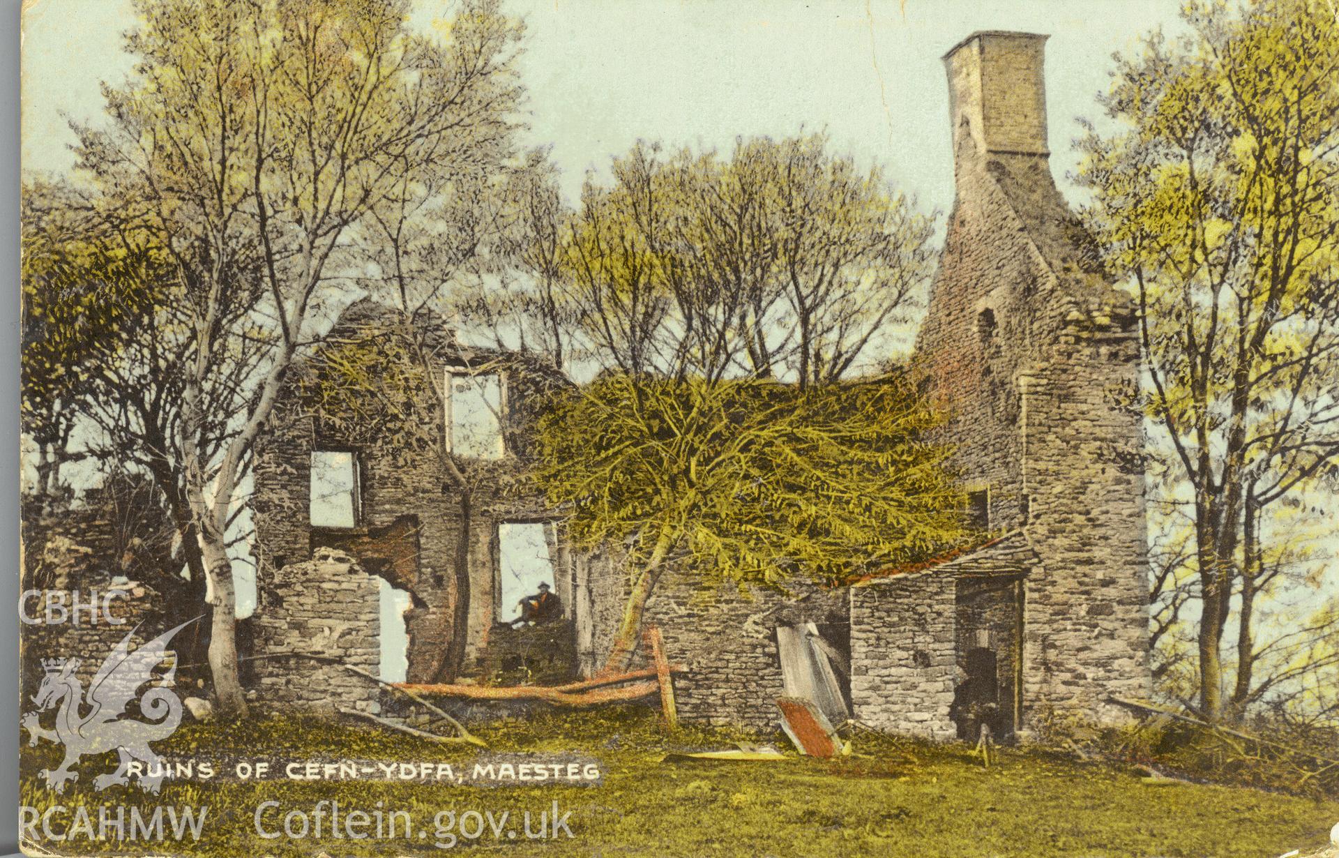 Digitised postcard image of Cefn Ydfa, Llangynwyd Lower. Produced by Parks and Gardens Data Services, from an original item in the Peter Davis Collection at Parks and Gardens UK. We hold only web-resolution images of this collection, suitable for viewing on screen and for research purposes only. We do not hold the original images, or publication quality scans.