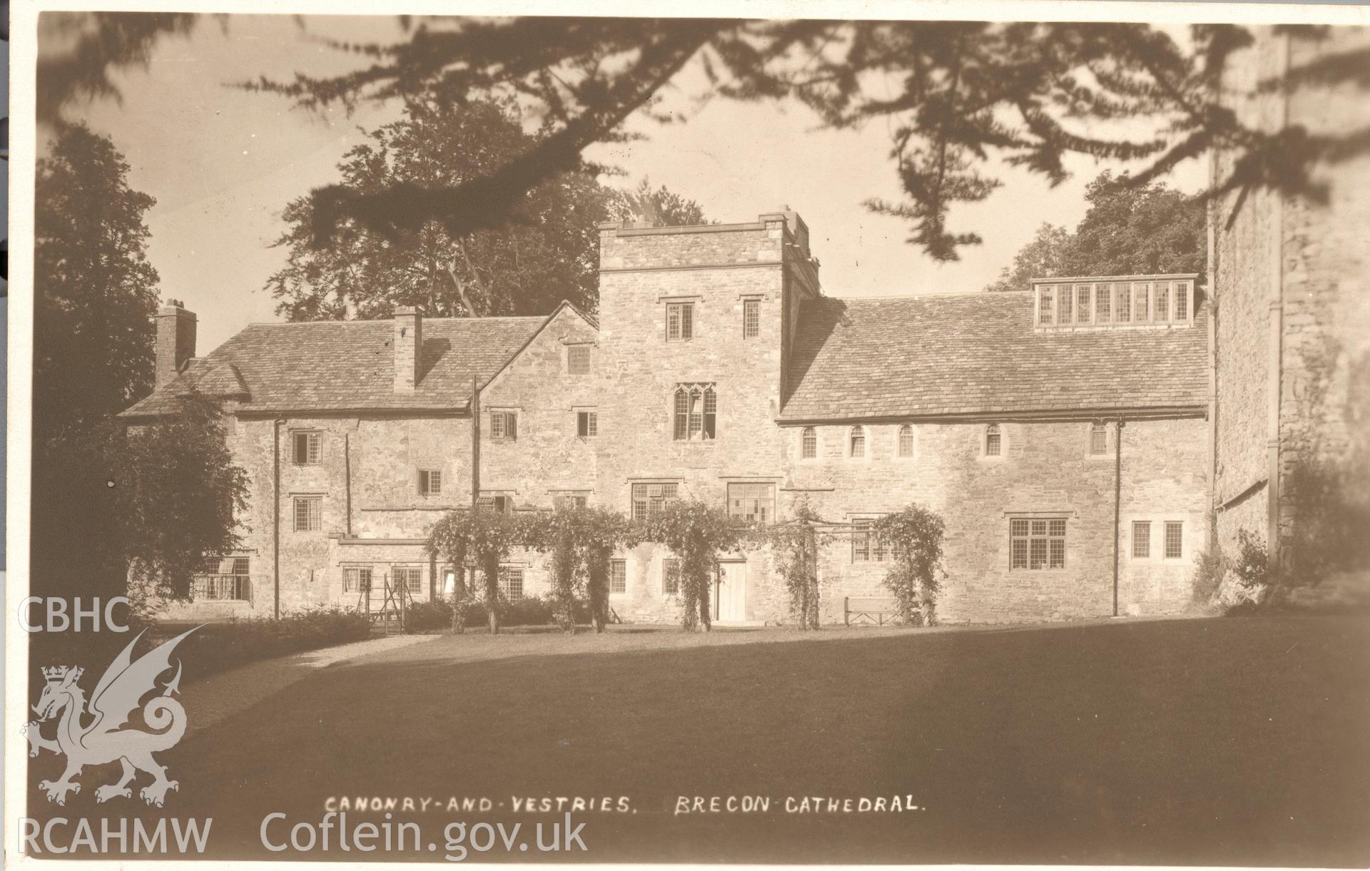 Digitised postcard image of Canonry and Vestries, St John's Cathedral, Brecon, O. Jackson, Brecon. Produced by Parks and Gardens Data Services, from an original item in the Peter Davis Collection at Parks and Gardens UK. We hold only web-resolution images of this collection, suitable for viewing on screen and for research purposes only. We do not hold the original images, or publication quality scans.