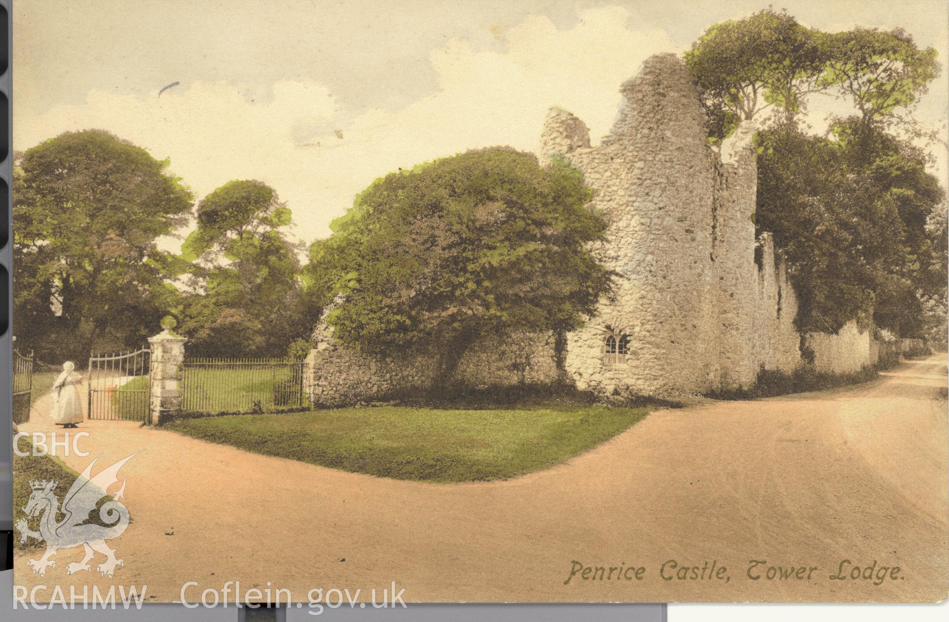 Digitised postcard image of Penrice Castle, Tower Lodge, F. Frith & Co. Produced by Parks and Gardens Data Services, from an original item in the Peter Davis Collection at Parks and Gardens UK. We hold only web-resolution images of this collection, suitable for viewing on screen and for research purposes only. We do not hold the original images, or publication quality scans.