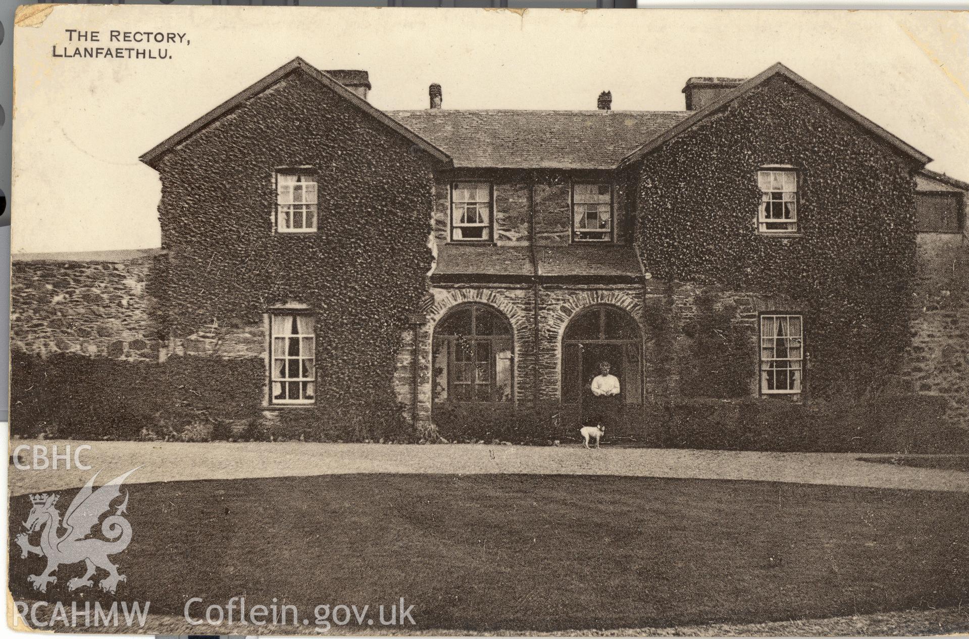 Digitised postcard image of The Rectory, Llanfaethlu, E.D. & S. Bangor. Produced by Parks and Gardens Data Services, from an original item in the Peter Davis Collection at Parks and Gardens UK. We hold only web-resolution images of this collection, suitable for viewing on screen and for research purposes only. We do not hold the original images, or publication quality scans.