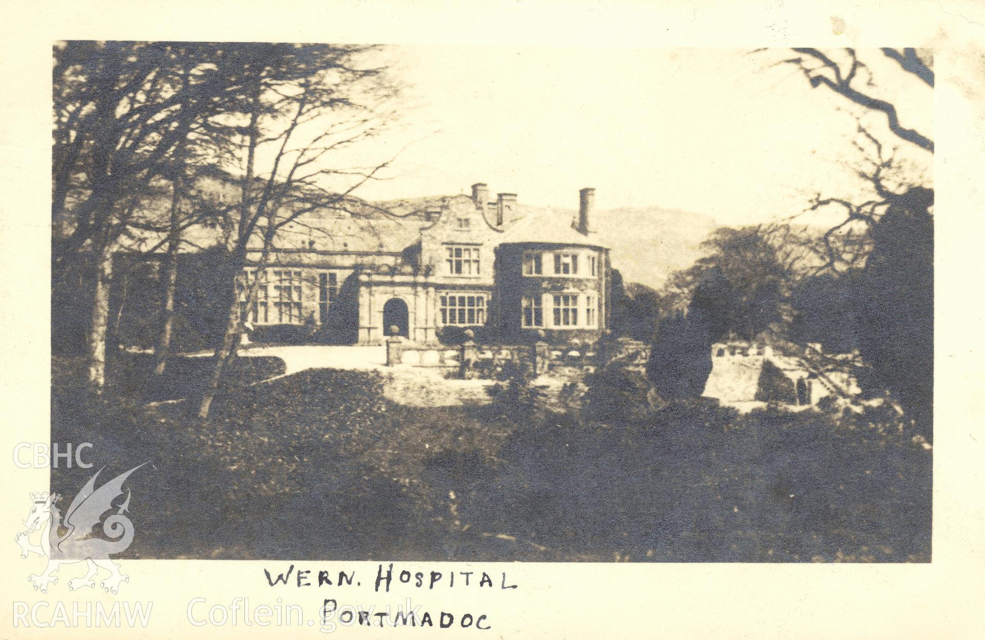 Digitised postcard image of Wern Manor, Dolbenmaen. Produced by Parks and Gardens Data Services, from an original item in the Peter Davis Collection at Parks and Gardens UK. We hold only web-resolution images of this collection, suitable for viewing on screen and for research purposes only. We do not hold the original images, or publication quality scans.