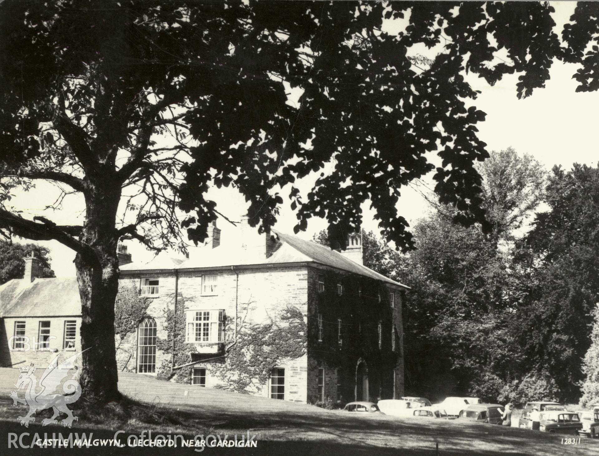 Digitised postcard image of Castle Malgwwyn, Llechryd, Jon Ltd., Fishguard. Produced by Parks and Gardens Data Services, from an original item in the Peter Davis Collection at Parks and Gardens UK. We hold only web-resolution images of this collection, suitable for viewing on screen and for research purposes only. We do not hold the original images, or publication quality scans.