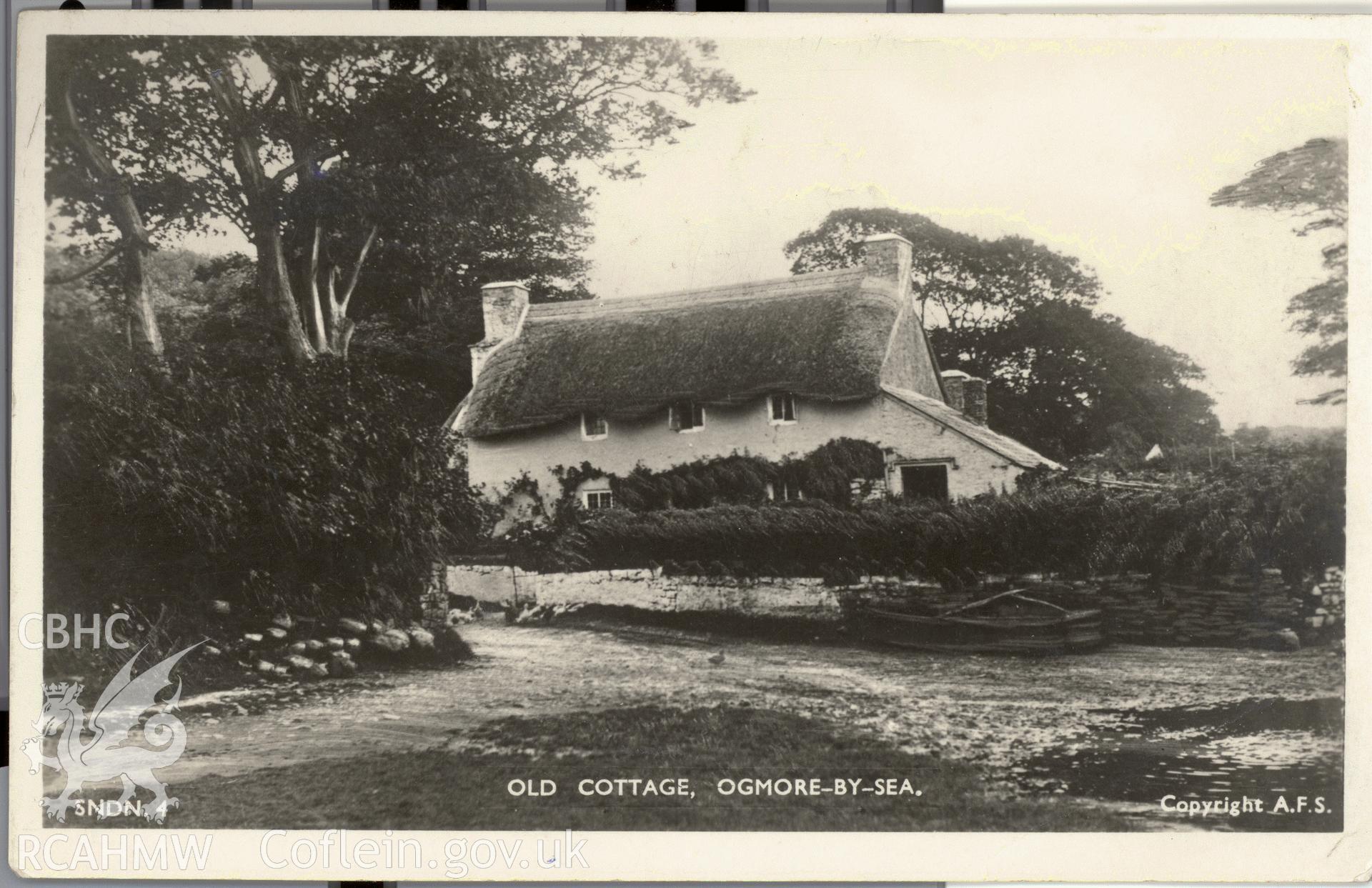 Digitised postcard image of Old Star Cottage, Ogmore, Copyright A.F.S. Produced by Parks and Gardens Data Services, from an original item in the Peter Davis Collection at Parks and Gardens UK. We hold only web-resolution images of this collection, suitable for viewing on screen and for research purposes only. We do not hold the original images, or publication quality scans.