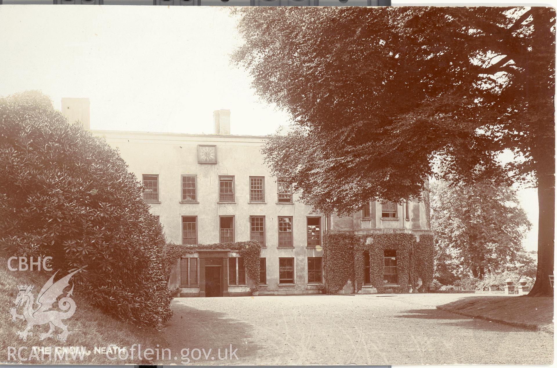 Digitised postcard image of Gnoll House, Neath, showing clock, Elliott  (fl 1914-1922). Produced by Parks and Gardens Data Services, from an original item in the Peter Davis Collection at Parks and Gardens UK. We hold only web-resolution images of this collection, suitable for viewing on screen and for research purposes only. We do not hold the original images, or publication quality scans.