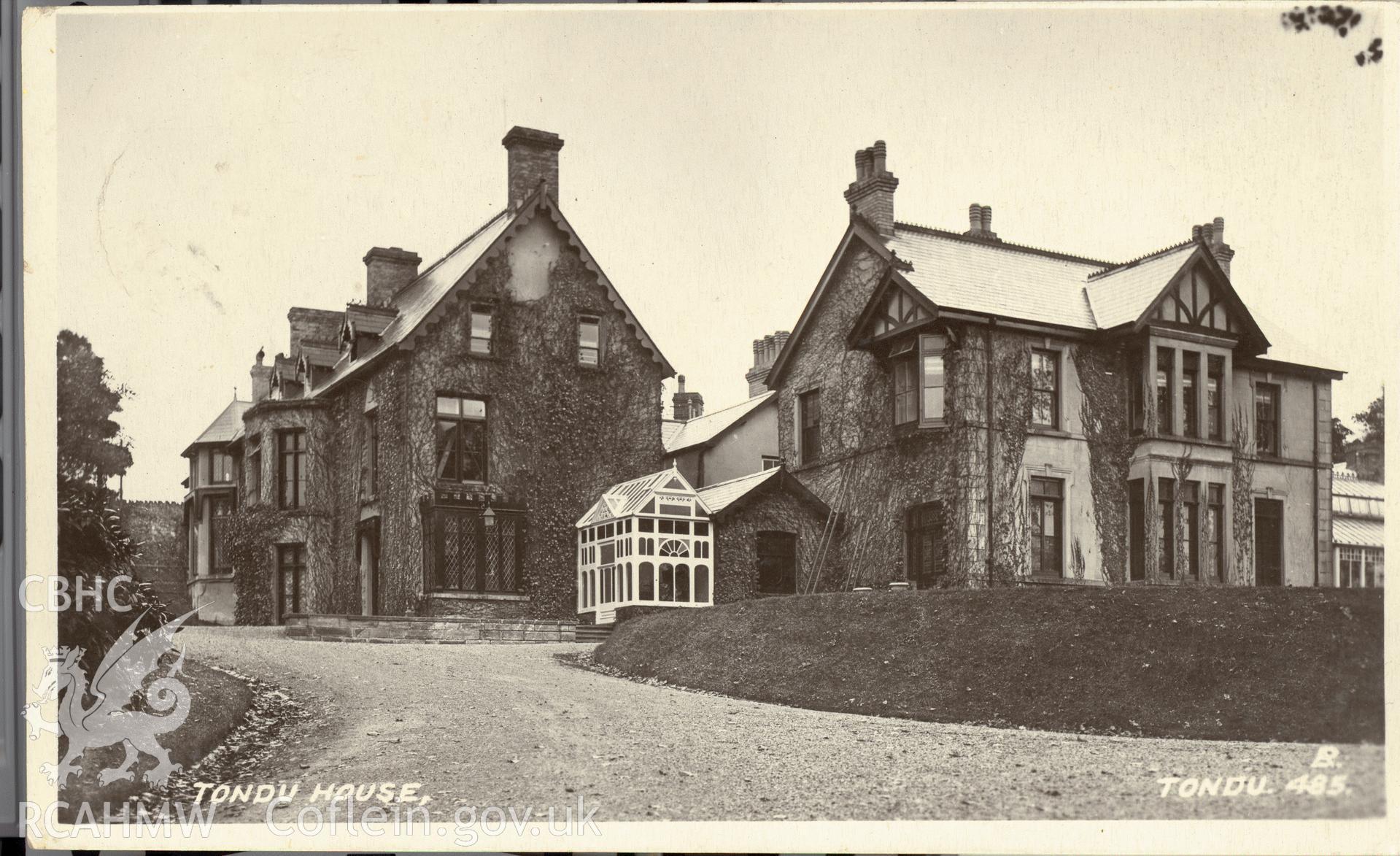 Digitised postcard image of Tondu House, Tondu. Produced by Parks and Gardens Data Services, from an original item in the Peter Davis Collection at Parks and Gardens UK. We hold only web-resolution images of this collection, suitable for viewing on screen and for research purposes only. We do not hold the original images, or publication quality scans.