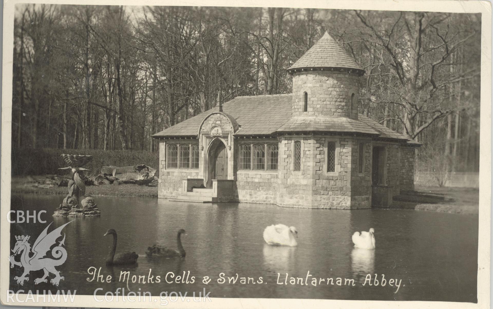 Digitised postcard image of the Monk's Cell and Lake, Llantarnam Abbey. Produced by Parks and Gardens Data Services, from an original item in the Peter Davis Collection at Parks and Gardens UK. We hold only web-resolution images of this collection, suitable for viewing on screen and for research purposes only. We do not hold the original images, or publication quality scans.