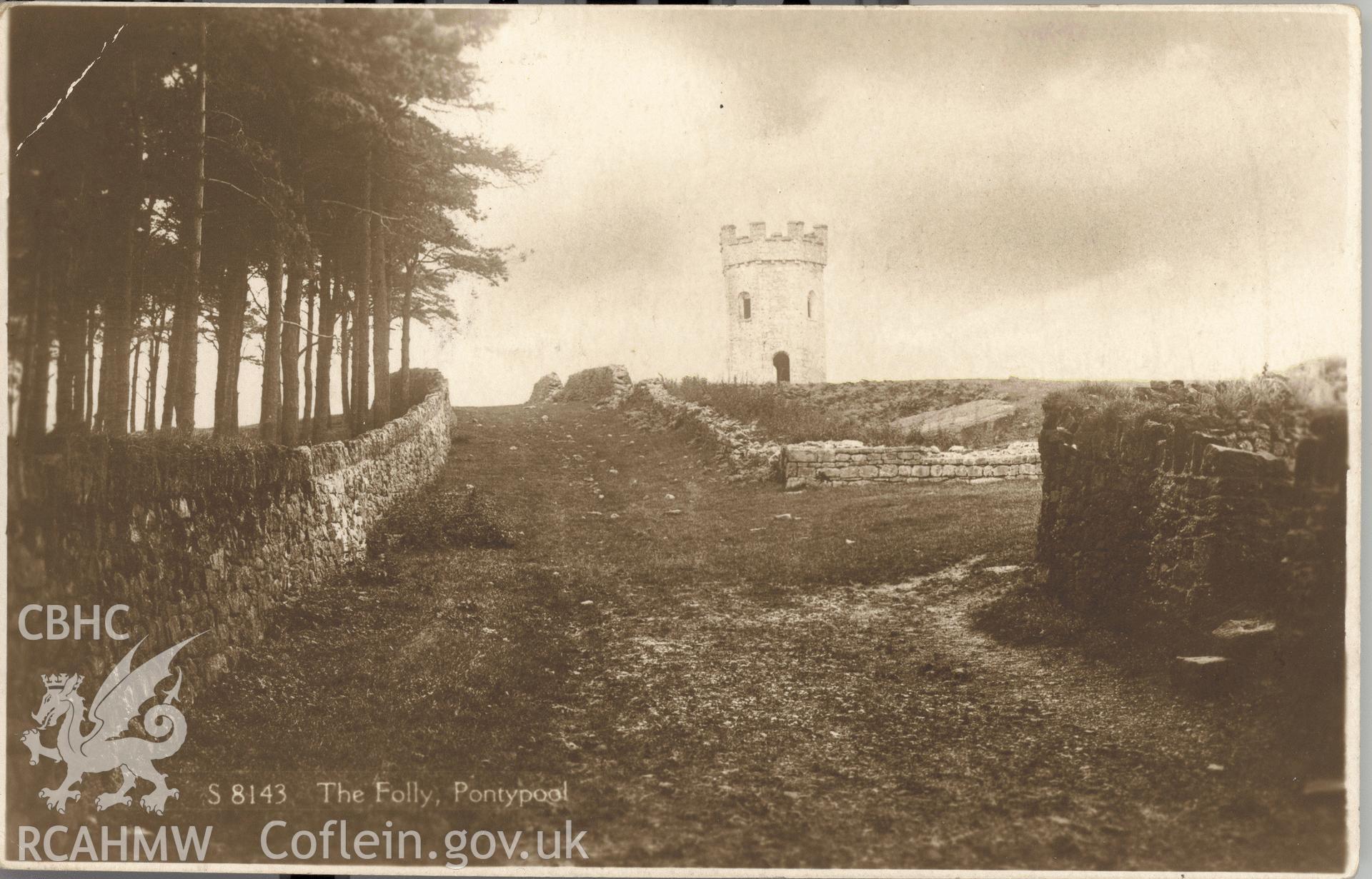 Digitised postcard image of the Folly, Pontypool Park, Kingsway Real photo Series. Produced by Parks and Gardens Data Services, from an original item in the Peter Davis Collection at Parks and Gardens UK. We hold only web-resolution images of this collection, suitable for viewing on screen and for research purposes only. We do not hold the original images, or publication quality scans.