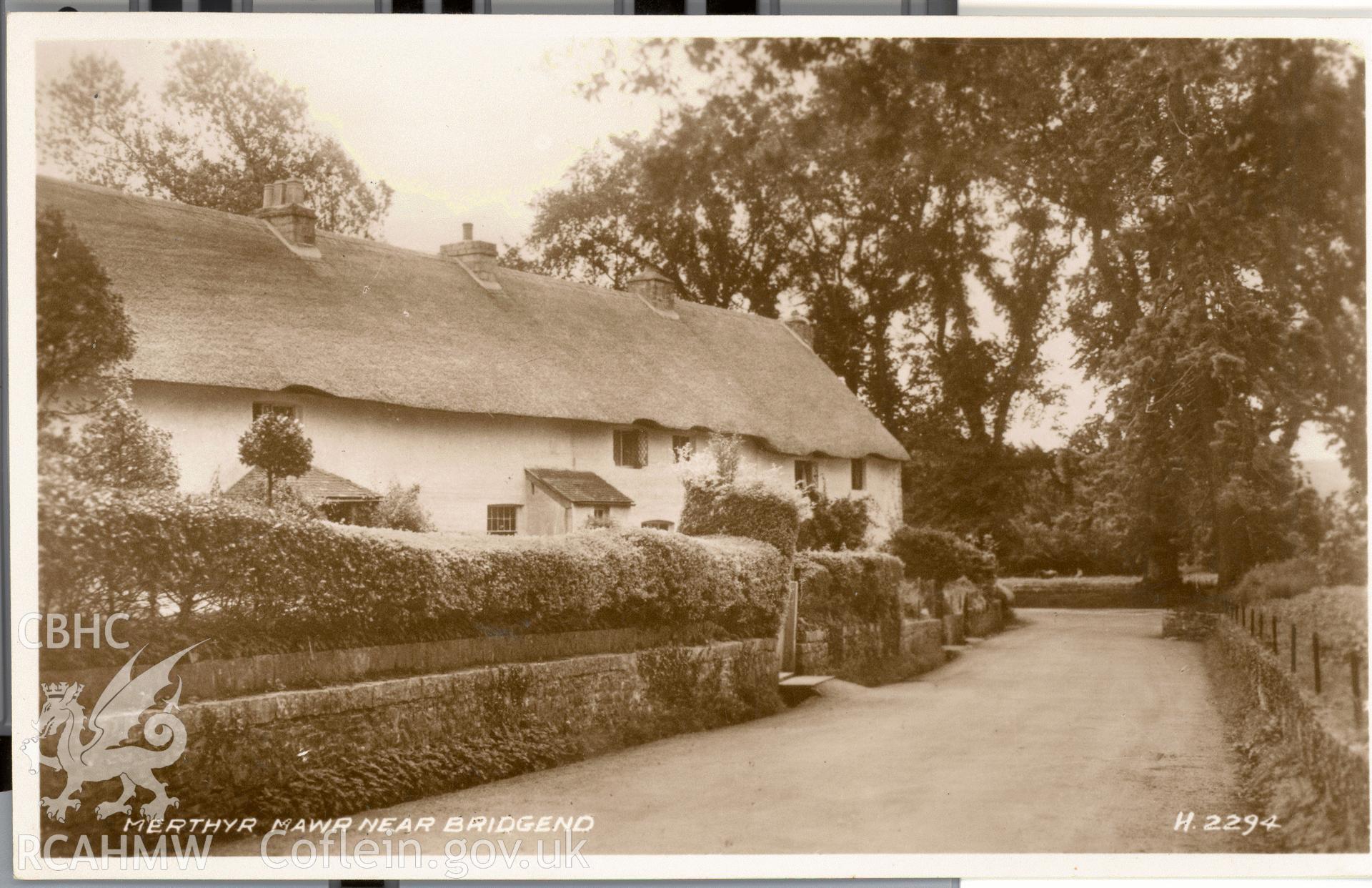 Digitised postcard image of Oak Cottage and Post Office, Merthyr Mawr, Valentine's and Sons Ltd. Produced by Parks and Gardens Data Services, from an original item in the Peter Davis Collection at Parks and Gardens UK. We hold only web-resolution images of this collection, suitable for viewing on screen and for research purposes only. We do not hold the original images, or publication quality scans.