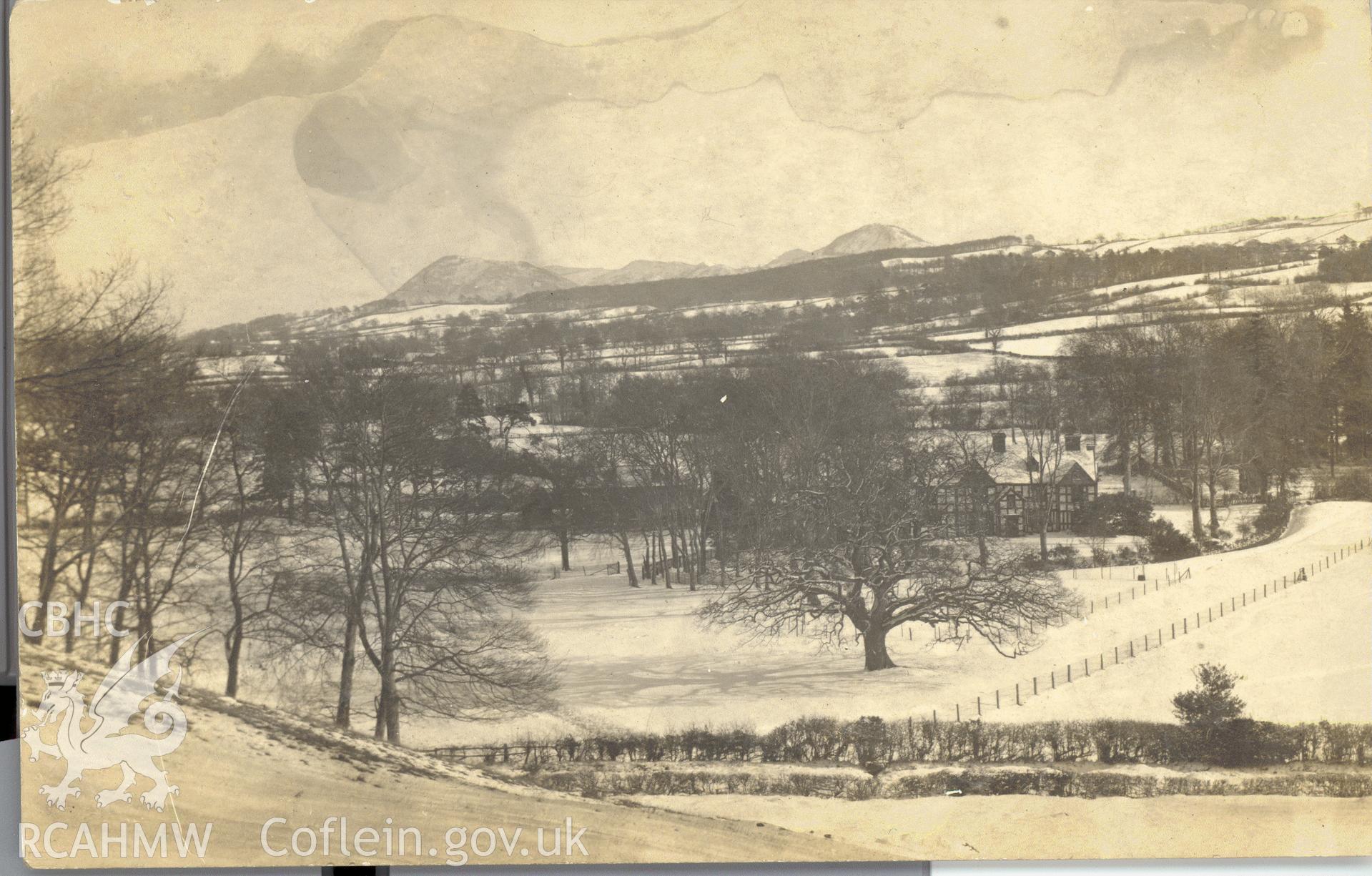 Digitised postcard image of Trelydan hall, Welshpool in snow. Produced by Parks and Gardens Data Services, from an original item in the Peter Davis Collection at Parks and Gardens UK. We hold only web-resolution images of this collection, suitable for viewing on screen and for research purposes only. We do not hold the original images, or publication quality scans.