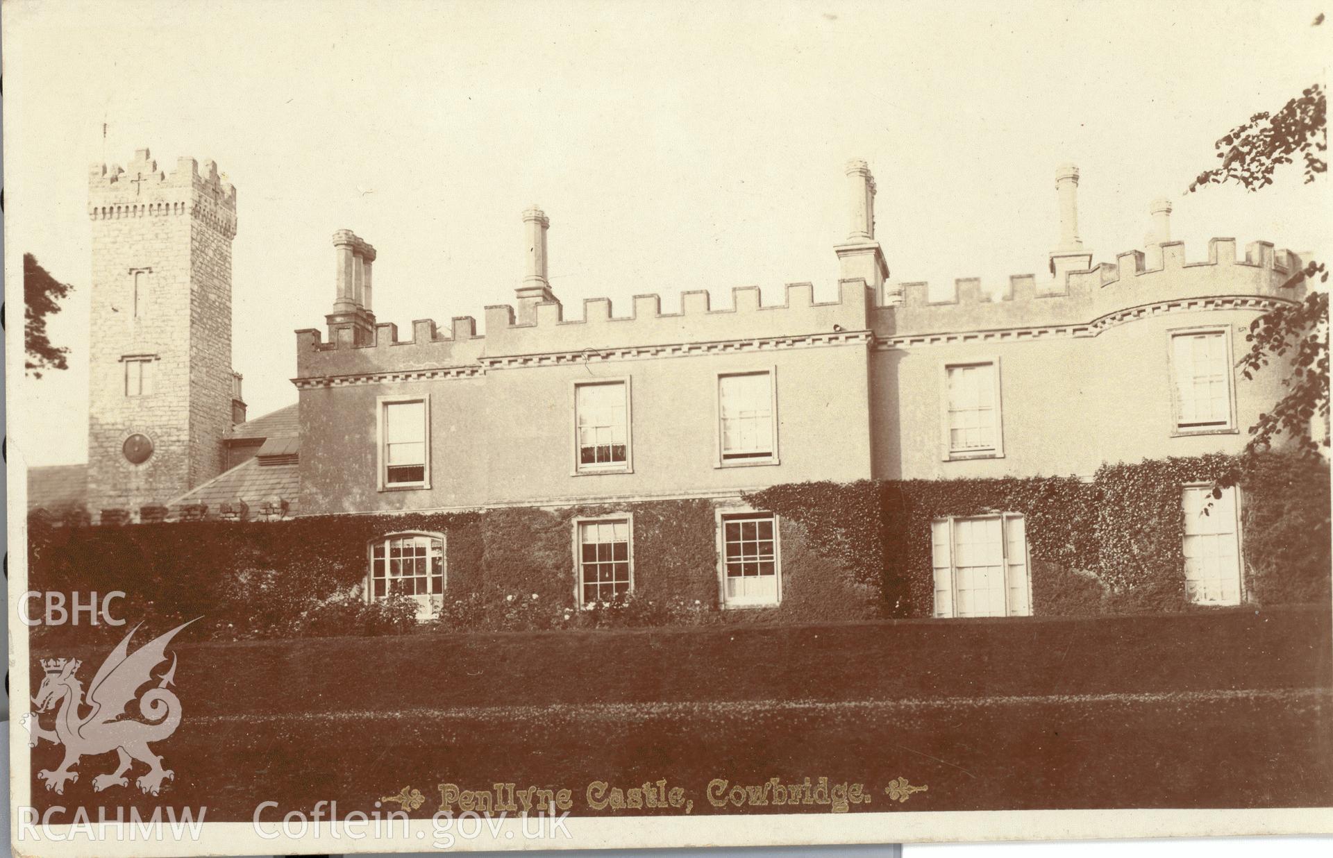 Digitised postcard image of Penllyn Castle, Penllyn, the Excelsior Photo Co., Ltd. Produced by Parks and Gardens Data Services, from an original item in the Peter Davis Collection at Parks and Gardens UK. We hold only web-resolution images of this collection, suitable for viewing on screen and for research purposes only. We do not hold the original images, or publication quality scans.