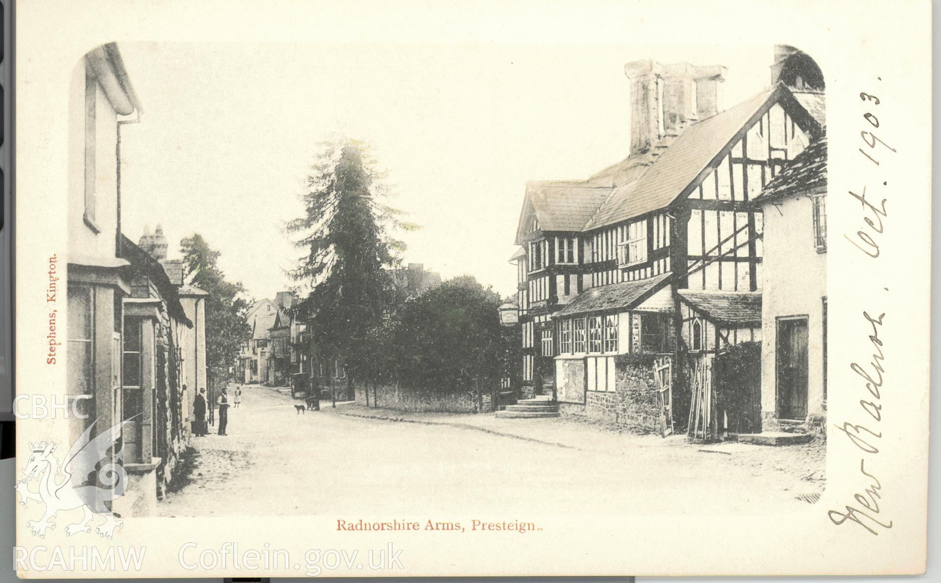 Digitised postcard image of Radnorshire Arms, Presteign. Produced by Parks and Gardens Data Services, from an original item in the Peter Davis Collection at Parks and Gardens UK. We hold only web-resolution images of this collection, suitable for viewing on screen and for research purposes only. We do not hold the original images, or publication quality scans.